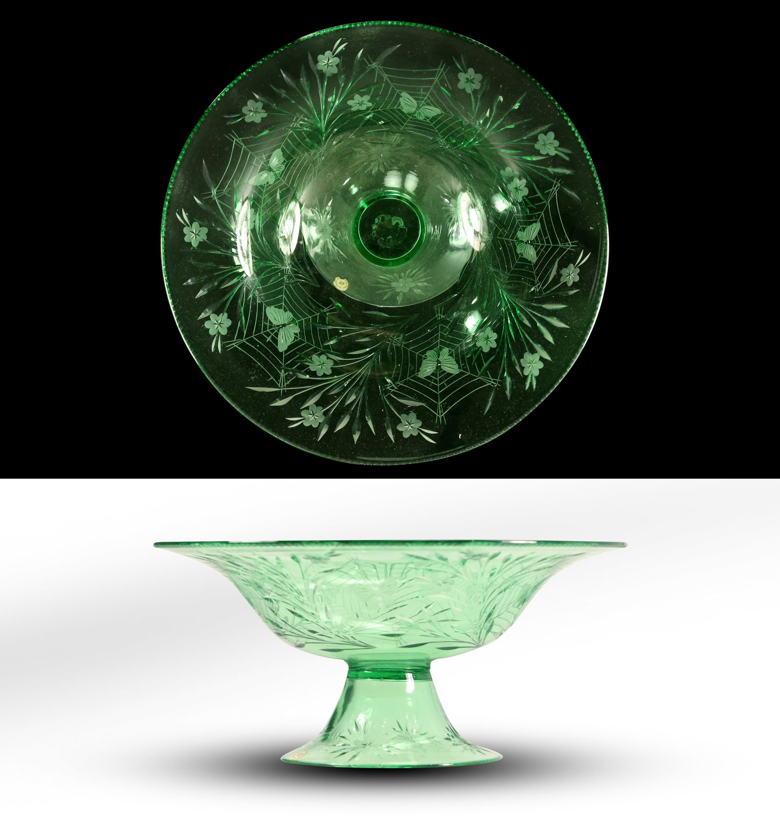 Antique Pairpoint Colias Crystal Bowl, Green Cut Glass with Spiderweb and Butterfly Motif, Circa 192 (1 of 20)