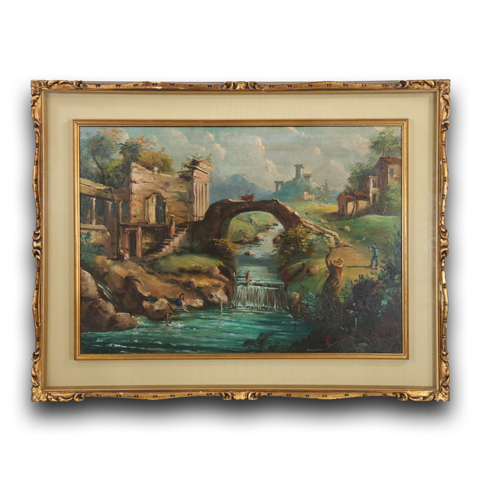 Roberto Carignani (Napoli 1894-1975) Oil Painting of an Italian Landscape with Ruins, Bridge, and Wa (1 of 20)
