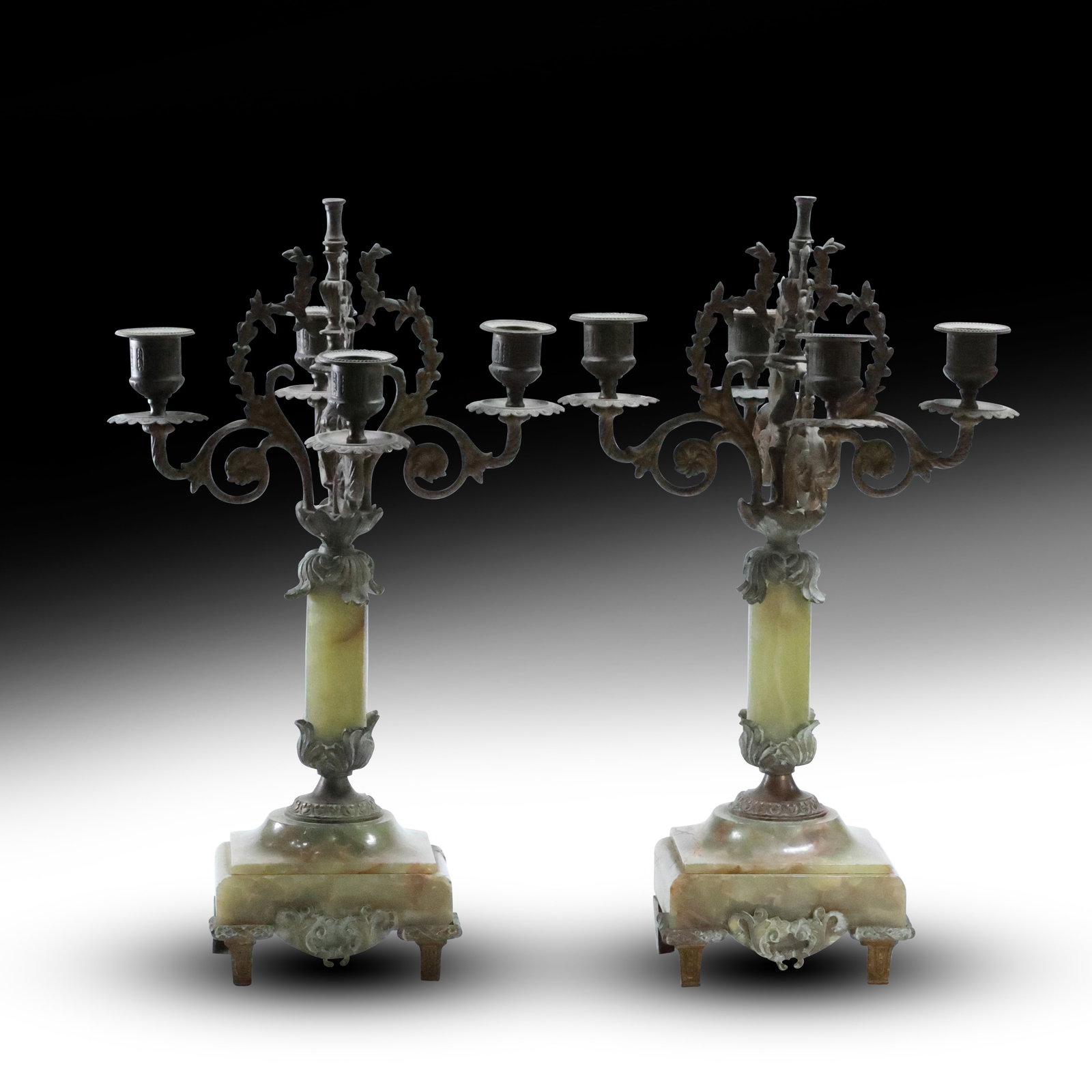 Pair 19th C. French Victorian Bronze and Onyx Tall Candelabras 16inches height: Pair 19th C. French Victorian Bronze and Onyx Tall Candelabras 16inches height. size: 16 x 9.25 x 9 - one has loose leg