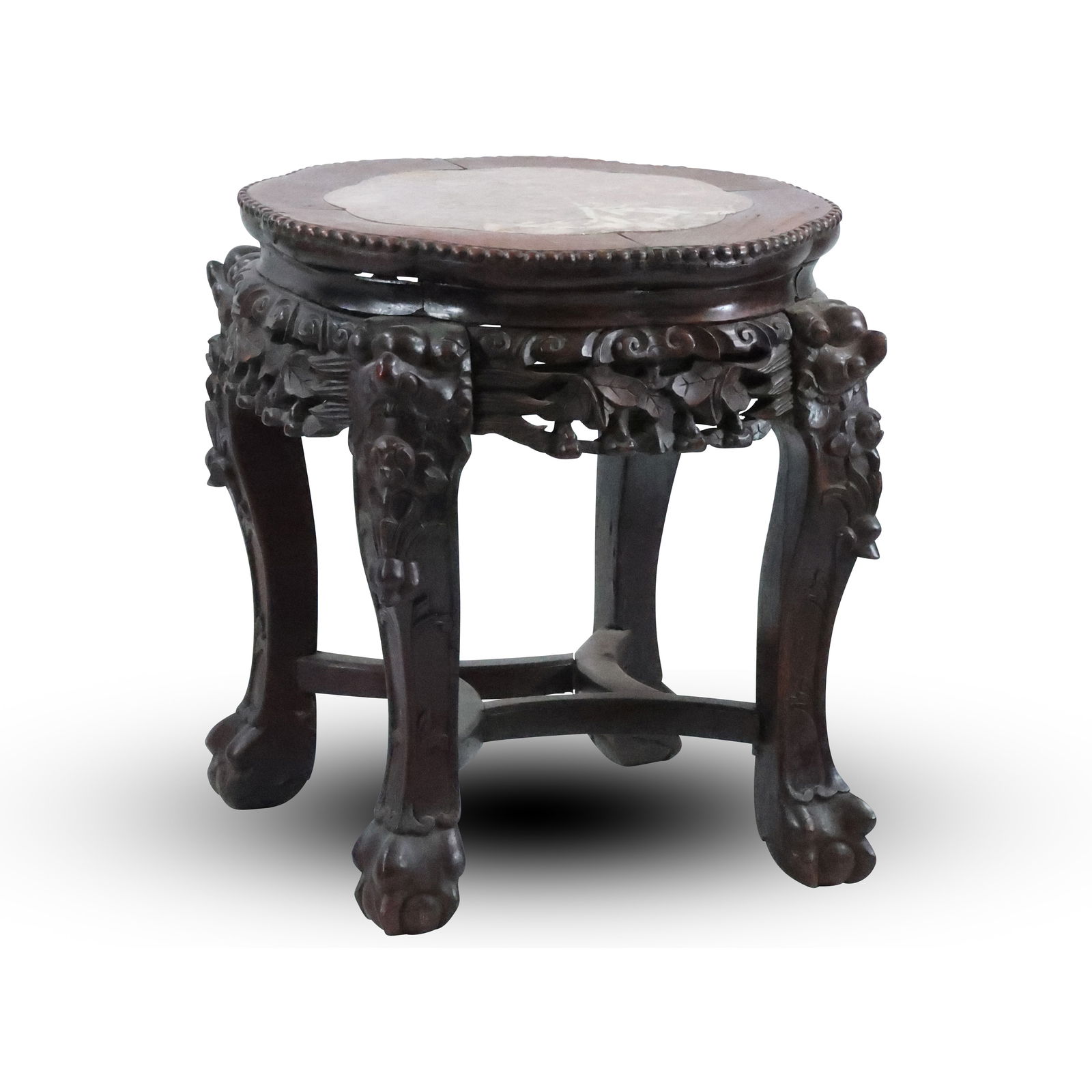 19th C. Carved Chinese Low Taboret Stand with Inlaid Rose Marble Top  17.5 in. height x 16 in. dia. (1 of 20)