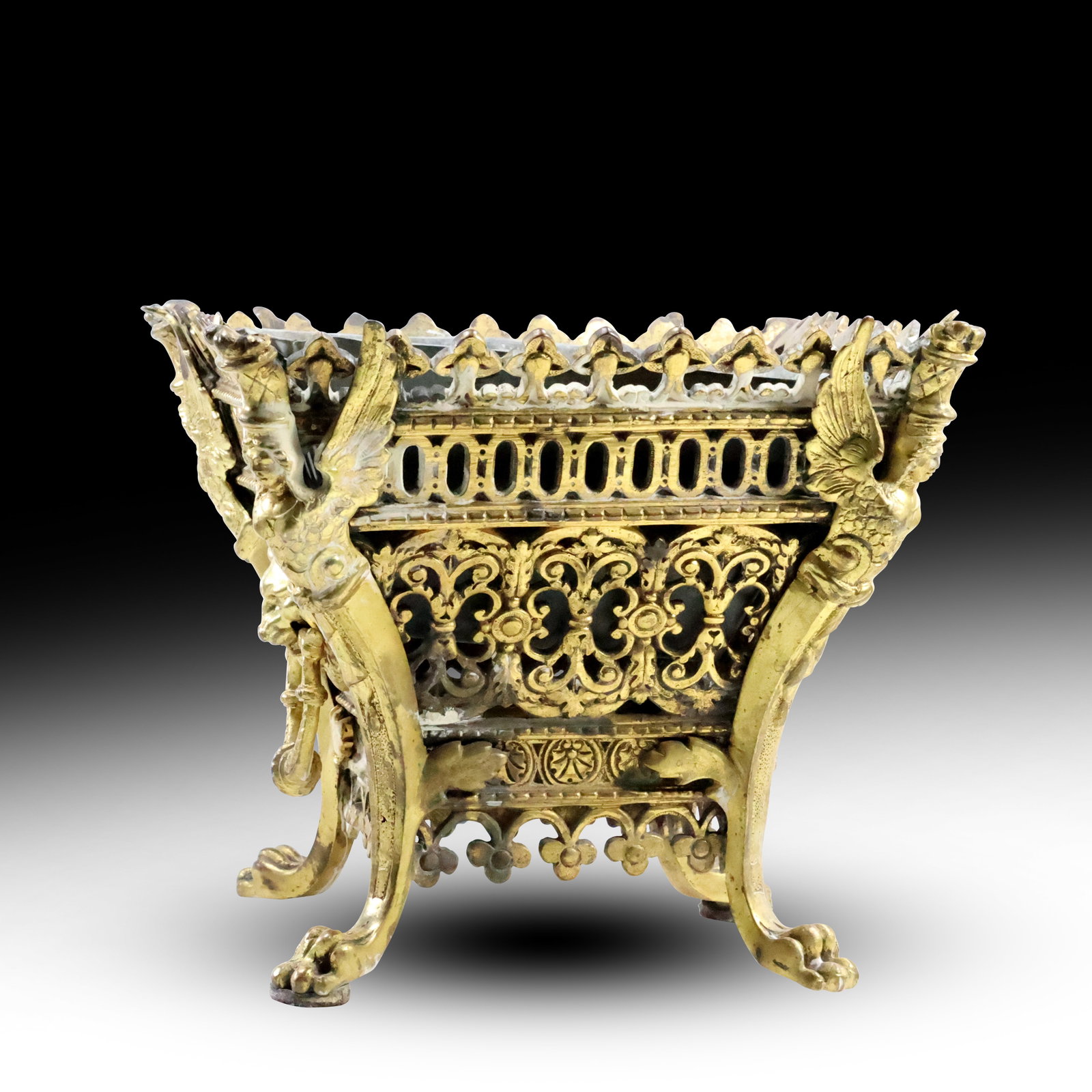 19th Century French Brass Planter Renaissance Revival with Galvanized Liner 9 in. x 10 in.: 19th Century French Brass Planter Renaissance Revival with Galvanized Liner size: 9 x 10 x 10