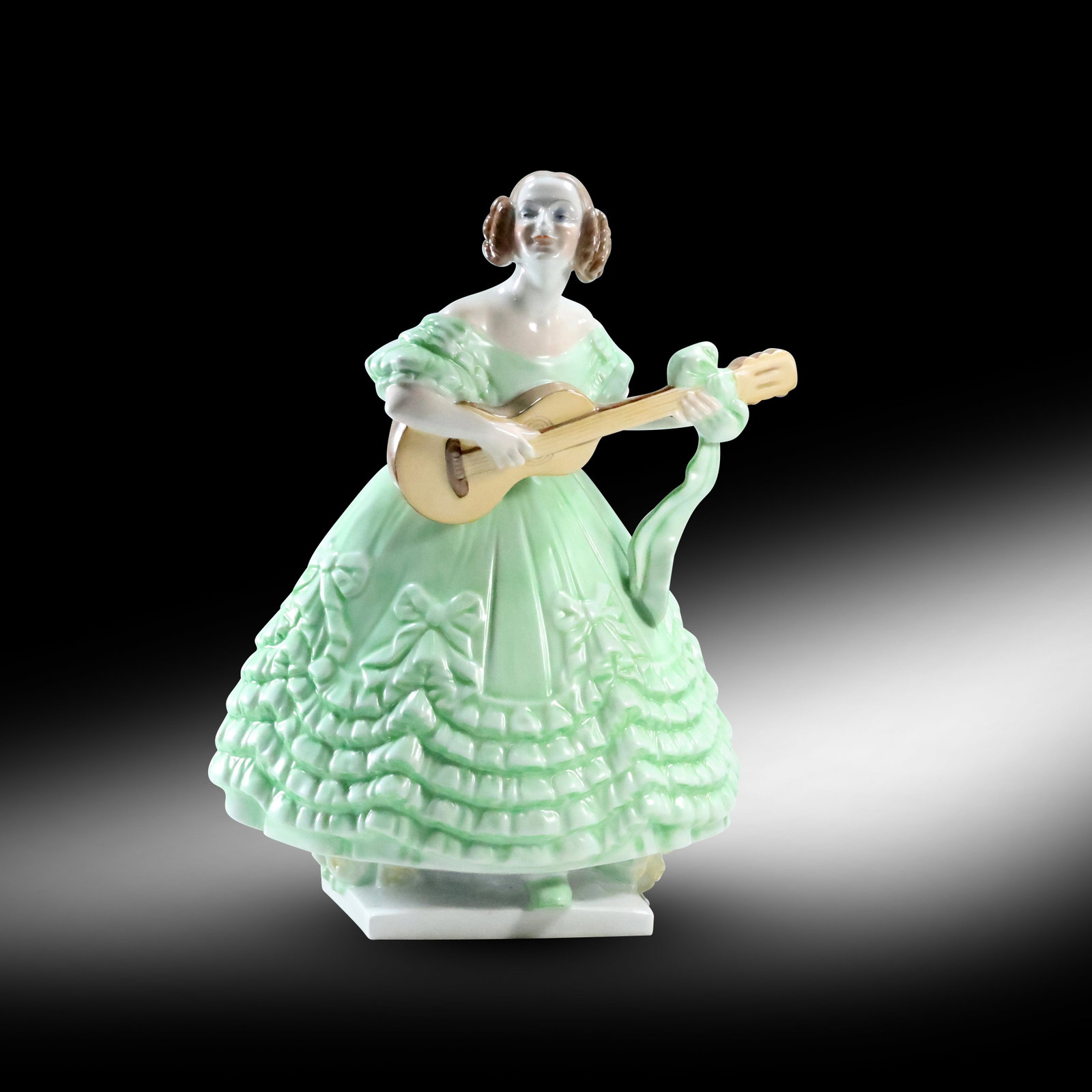 Herend Hungary Deryne Lady Playing Guitar Figurine in Green Dress 14.25 in. height: Herend Hungary Deryne Lady Playing Guitar Figurine in Green Dress size: 14.25 x 12 x 8.5