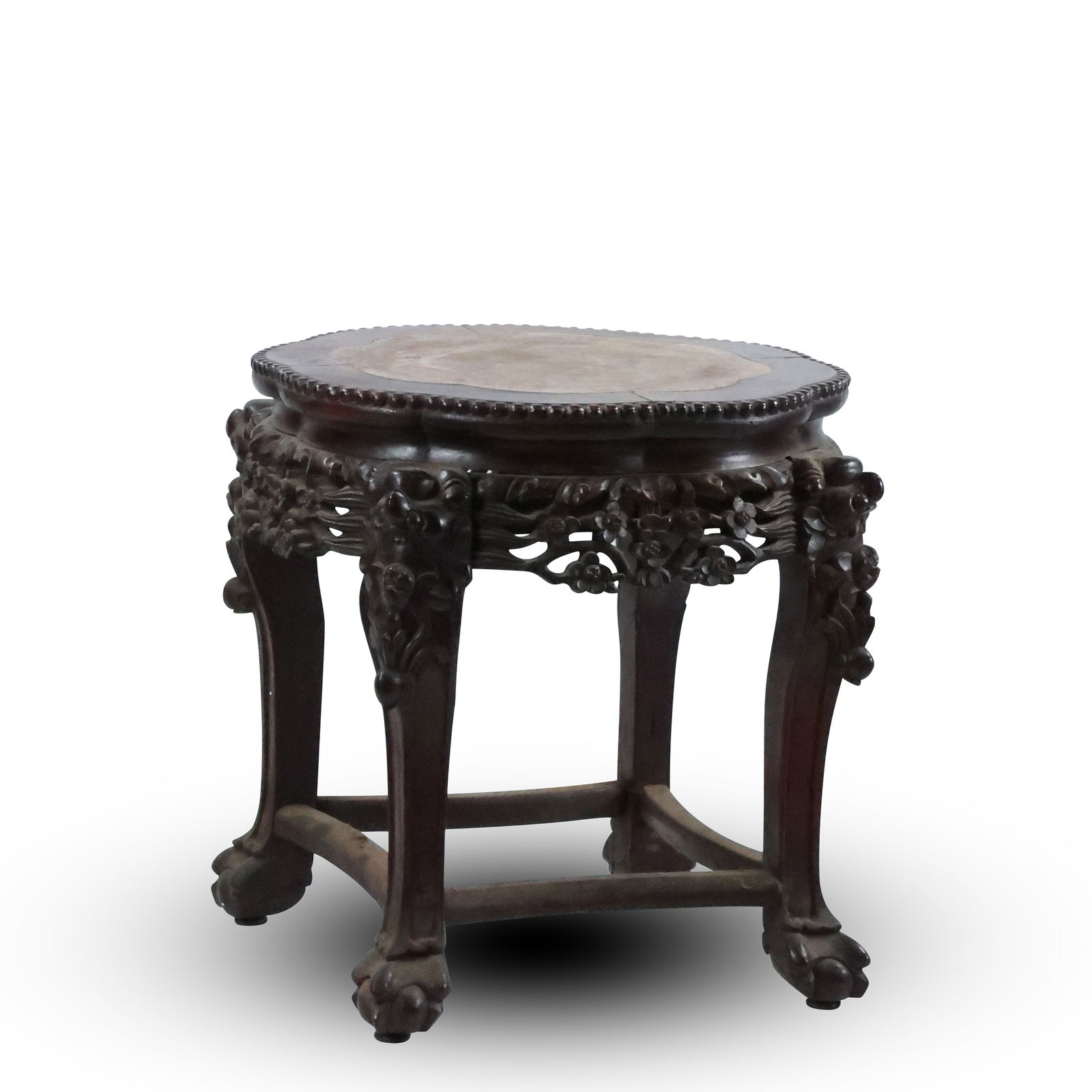 19th C. Carved Chinese Low Taboret Stand with Inlaid Rose Marble Top 18.25 in. height x 15.5 in. dia (1 of 20)