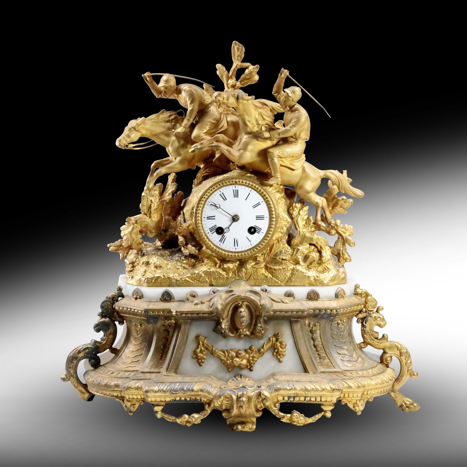RARE 19th C. Horse & Jockey "Horse Racing" Ornate Mantle Clock Dore Bronze & Cast Metal and Onyx (1 of 20)