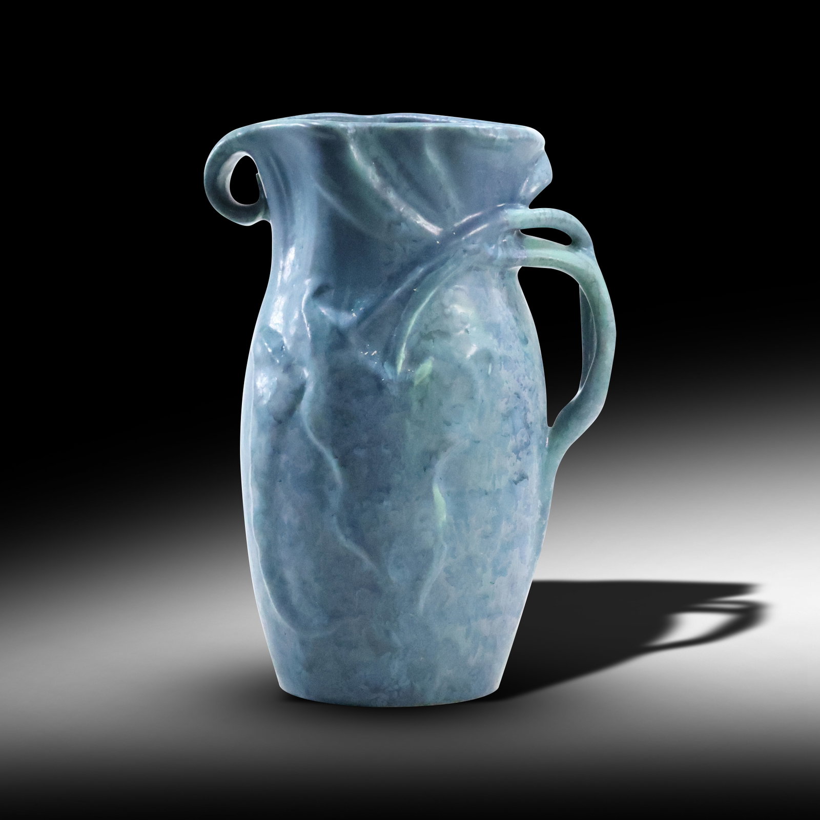 Hampshire Pottery Vase, Keene, New Hampshire molded "Pickerel Weed Leaves", Matte Blue: Hampshire Pottery Vase,Keene, New Hampshire, early 20th century, molded and applied decoration depicting pickerel weed leaves, incised mark "Hampshire Pottery" and "M" in circle, raised mark "8e," siz