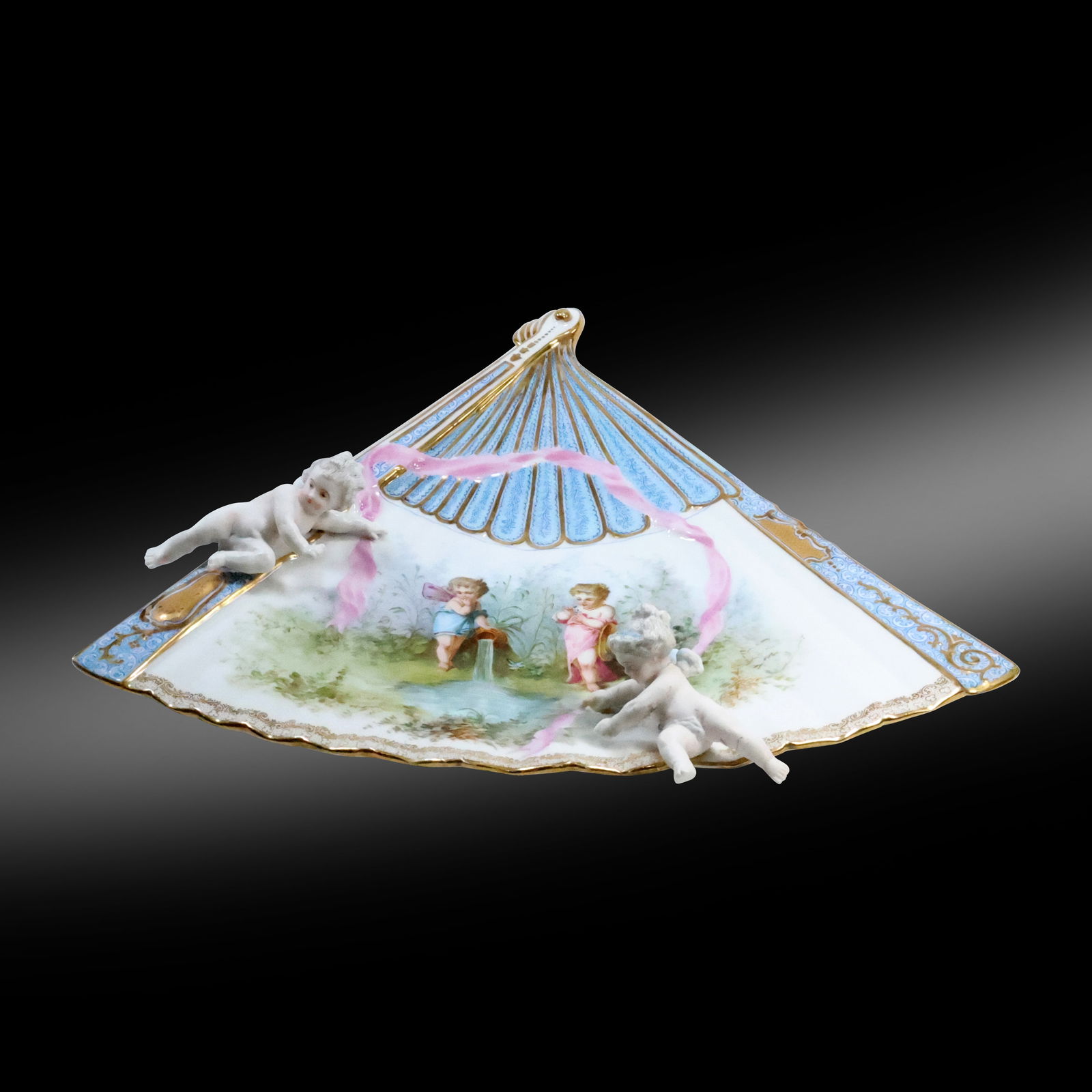 Spectacular Old Paris French Porcelain Fan with Dimensional Accent Cherubs, Hand Painted (1 of 20)