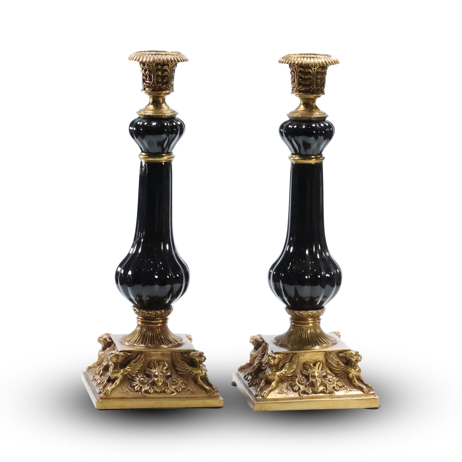Pair LATE 20TH CENTURY LOUIS PHILIPPE CANDLESTICKS Bronze and Black Ceramic, Ornate Base (1 of 20)