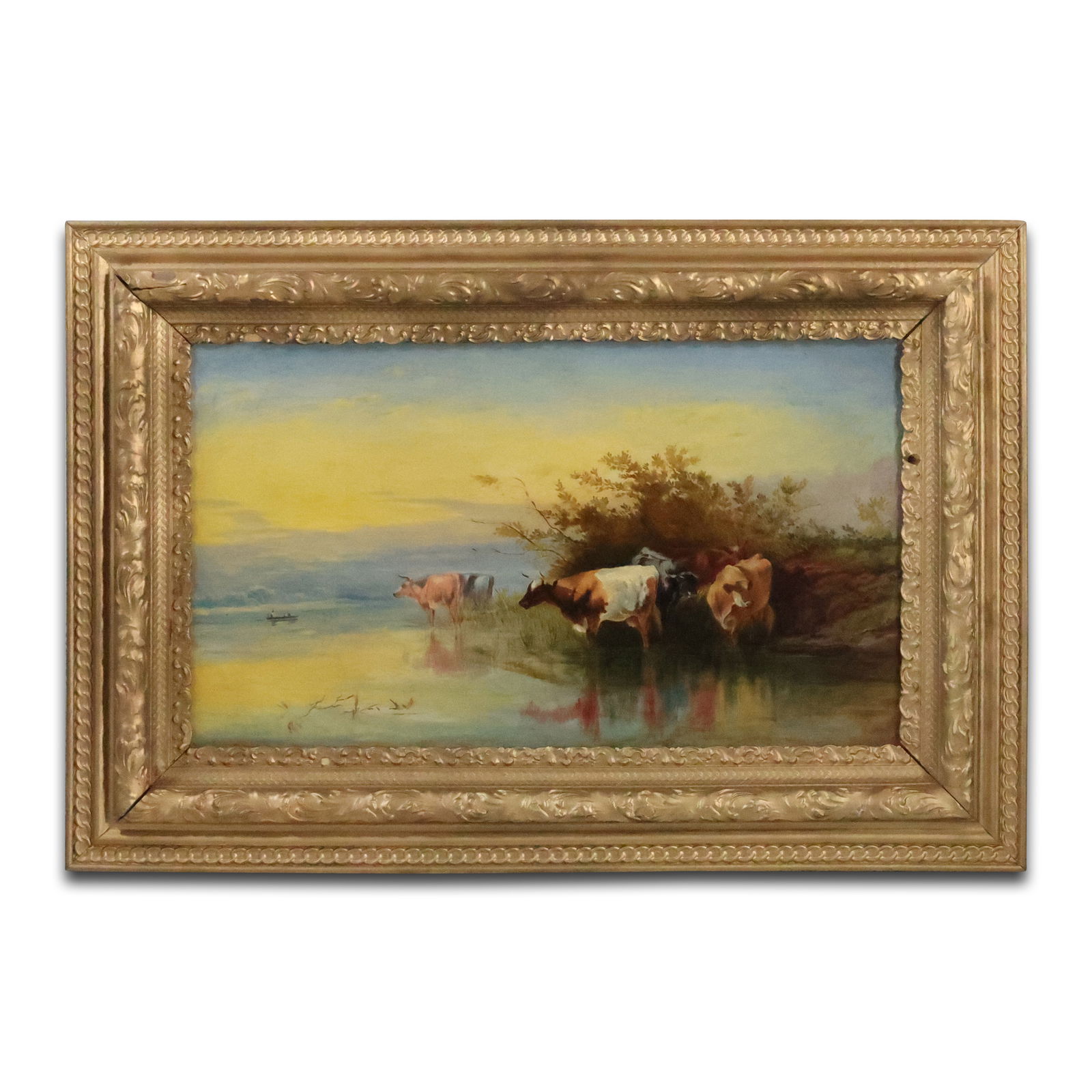 19th C. Oil on Canvas Painting Sunset Landscape with Cows Watering at Lake Side, Framed (1 of 20)