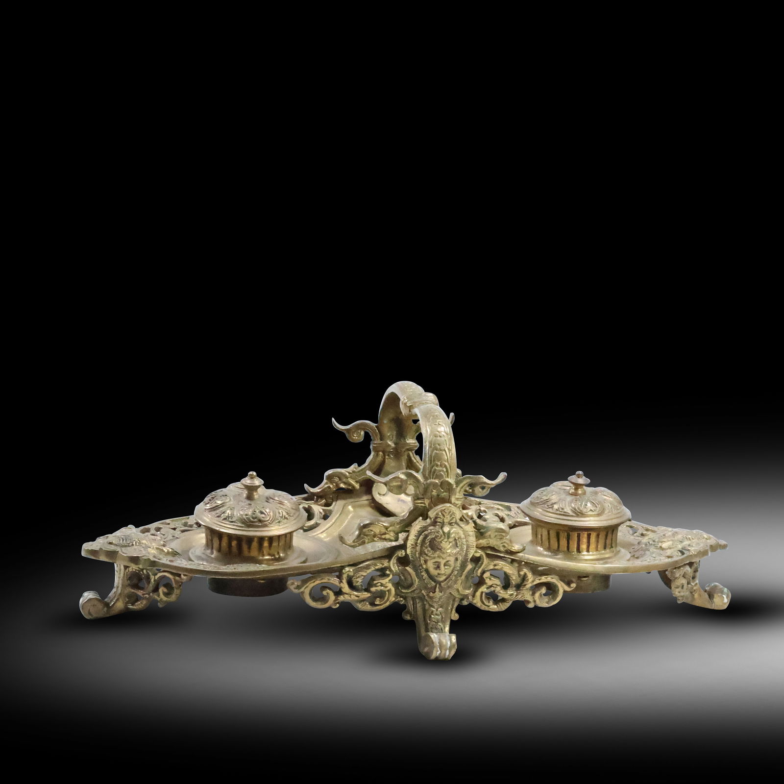 Ornate 19th C. Bronze Double Desk Top Inkwell with Ladies Face, Center Handle, Original Patina (1 of 20)