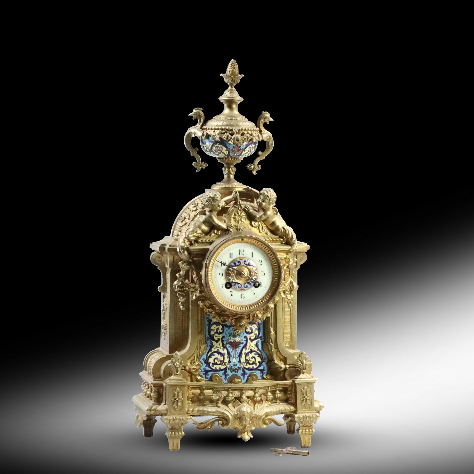 19th C. FRENCH GILT-METAL AND CHAMPLEVE SHELF CLOCK, Ornate Urn-Top Case 19.5 in. height (1 of 20)