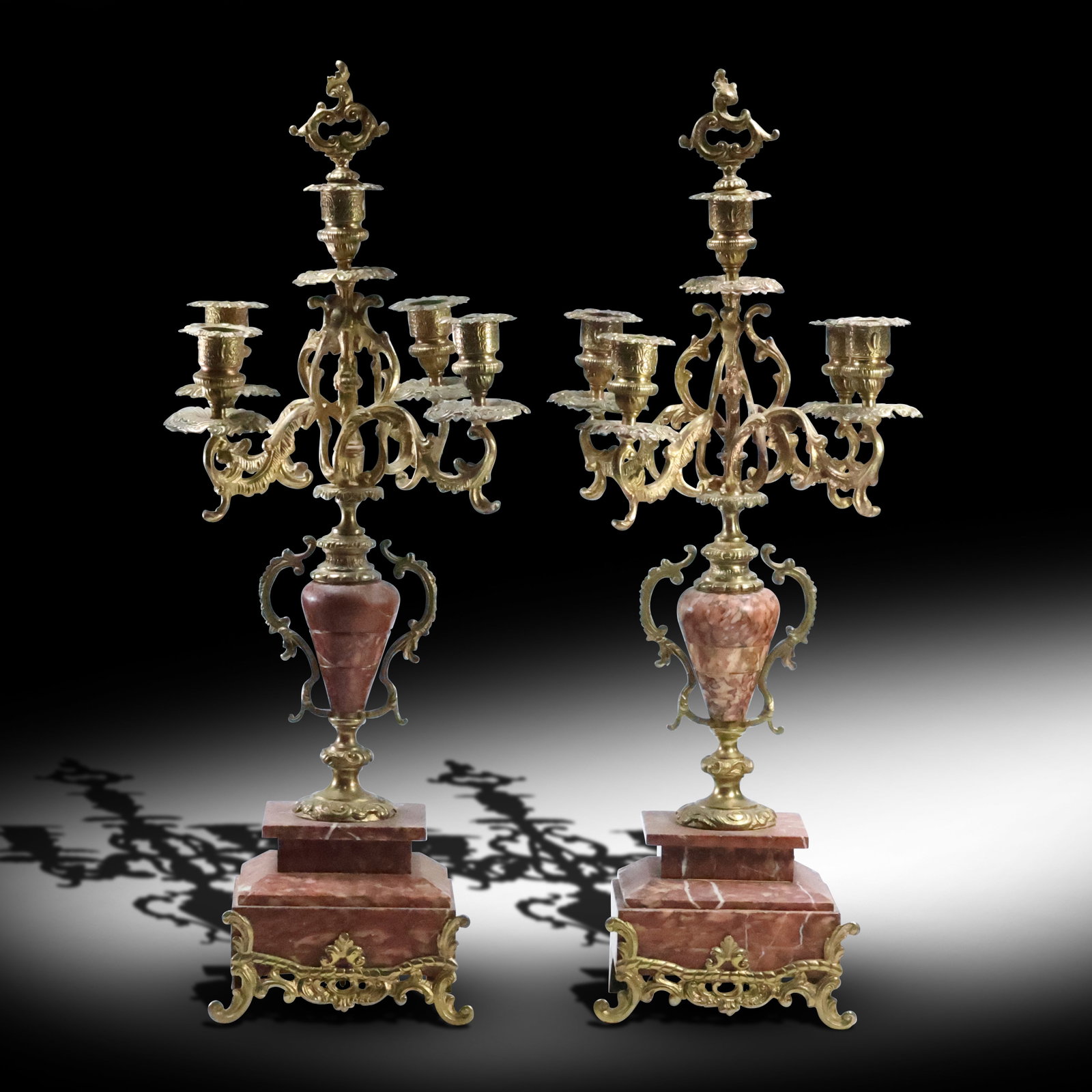 Pair of Italian Louis XV Style Bronze and Rose Marble Candelabras 21.5 inches height: Pair of Italian Louis XV Style Bronze and Rose Marble Candelabras 21.5 inches height . size: 21.5 x 8.25 x 7.75