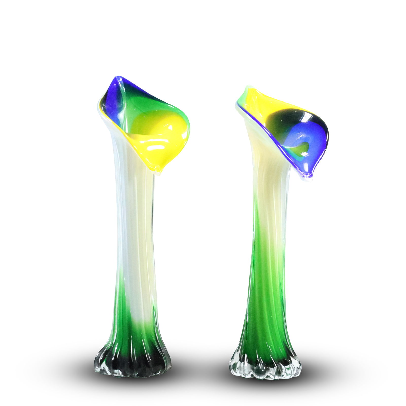 [2] Mid Century Jack in the Pulpit Shaped Glass Flower Vases in Green, Yellow, Blue and White 12 in. (1 of 20)