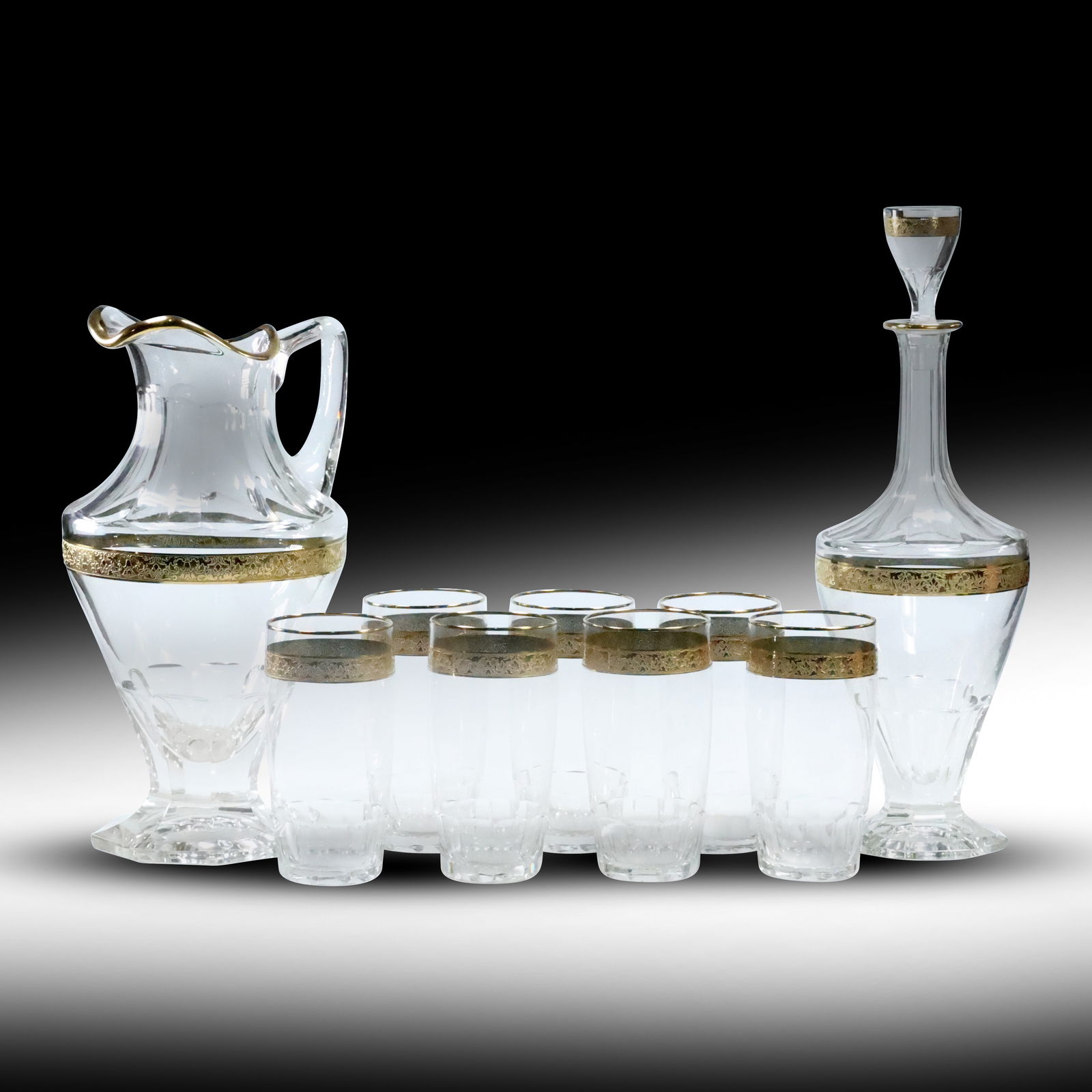 9-Piece Crystal Glass Drinking Cocktail Set with Gold Rims Pitcher, Liquor Decanter, 7 Glasses (1 of 20)