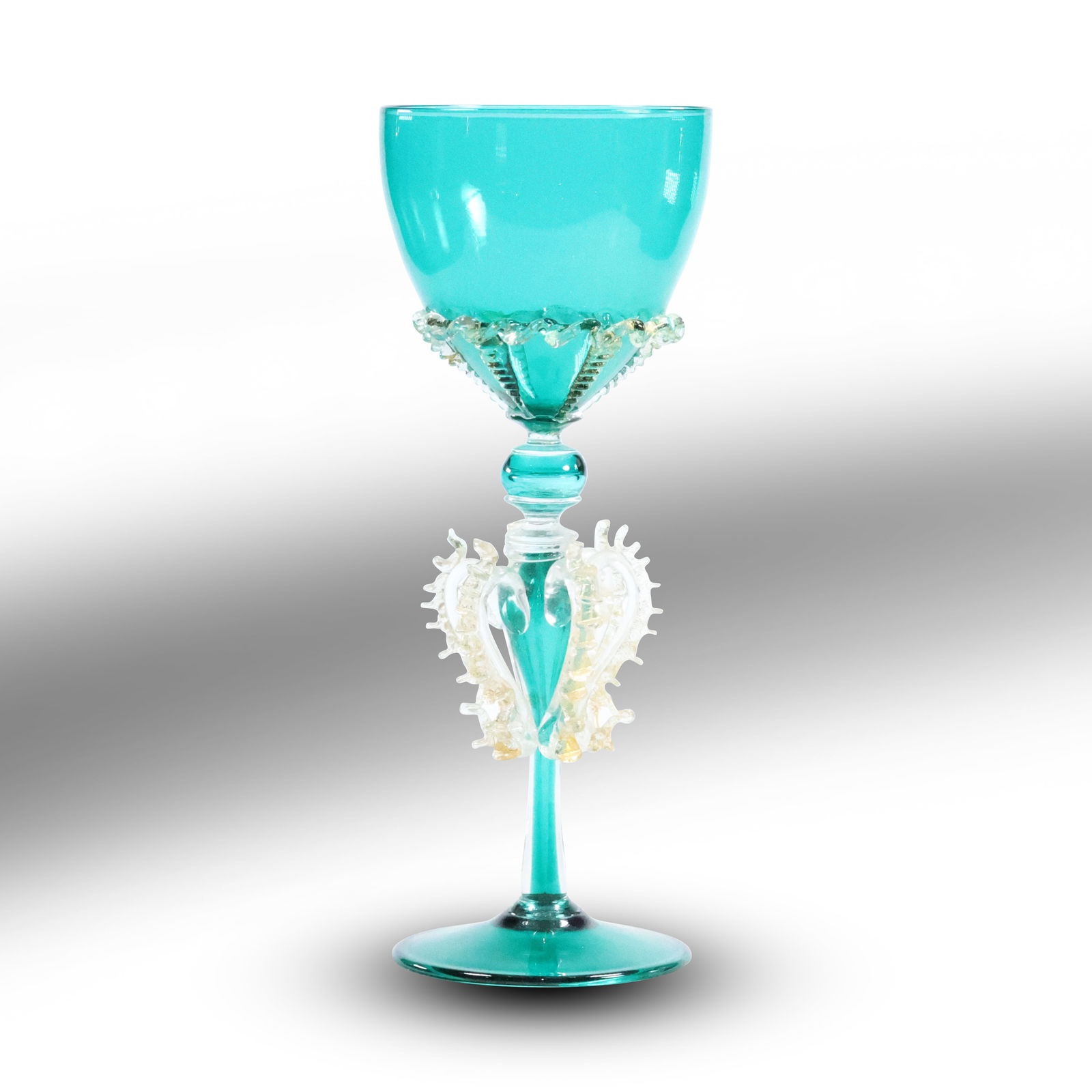 Teal Blue Venetian Art Glass Chalice with Applied Blown Glass Accent Decoration 8.75 in. height: Teal Blue Venetian Art Glass Chalice with Applied Blown Glass Accent Decoration 8.75 in. height. size: 8.75 x 3.5