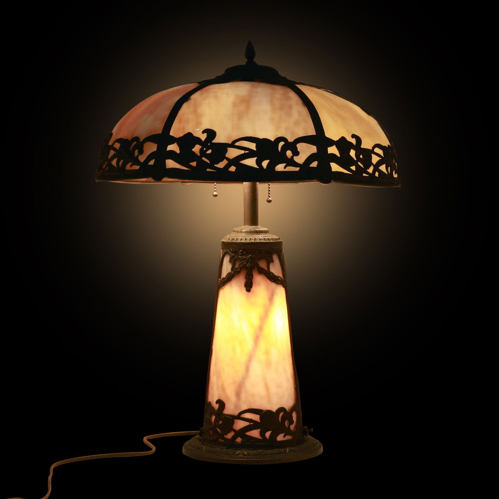 Antique Art Nouveau Large Curved Slag Glass Table Lamp with Light-up Slag Glass Base 23 in. height (1 of 20)