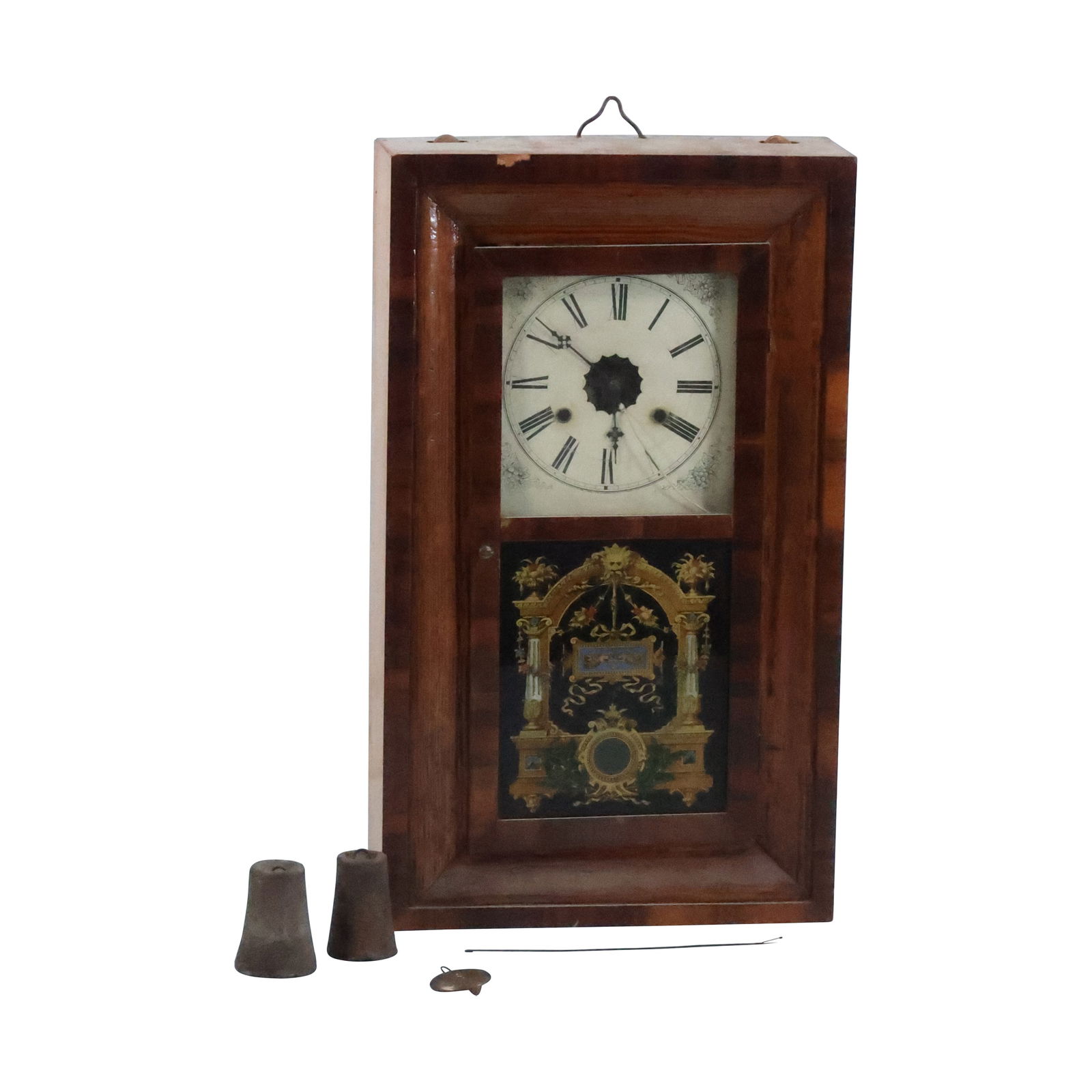 Circa 1850 OG Mahogany Case Mantle Clock, Weight Driven, Gold Gilt Design on Door 27.5 in. h. (1 of 20)