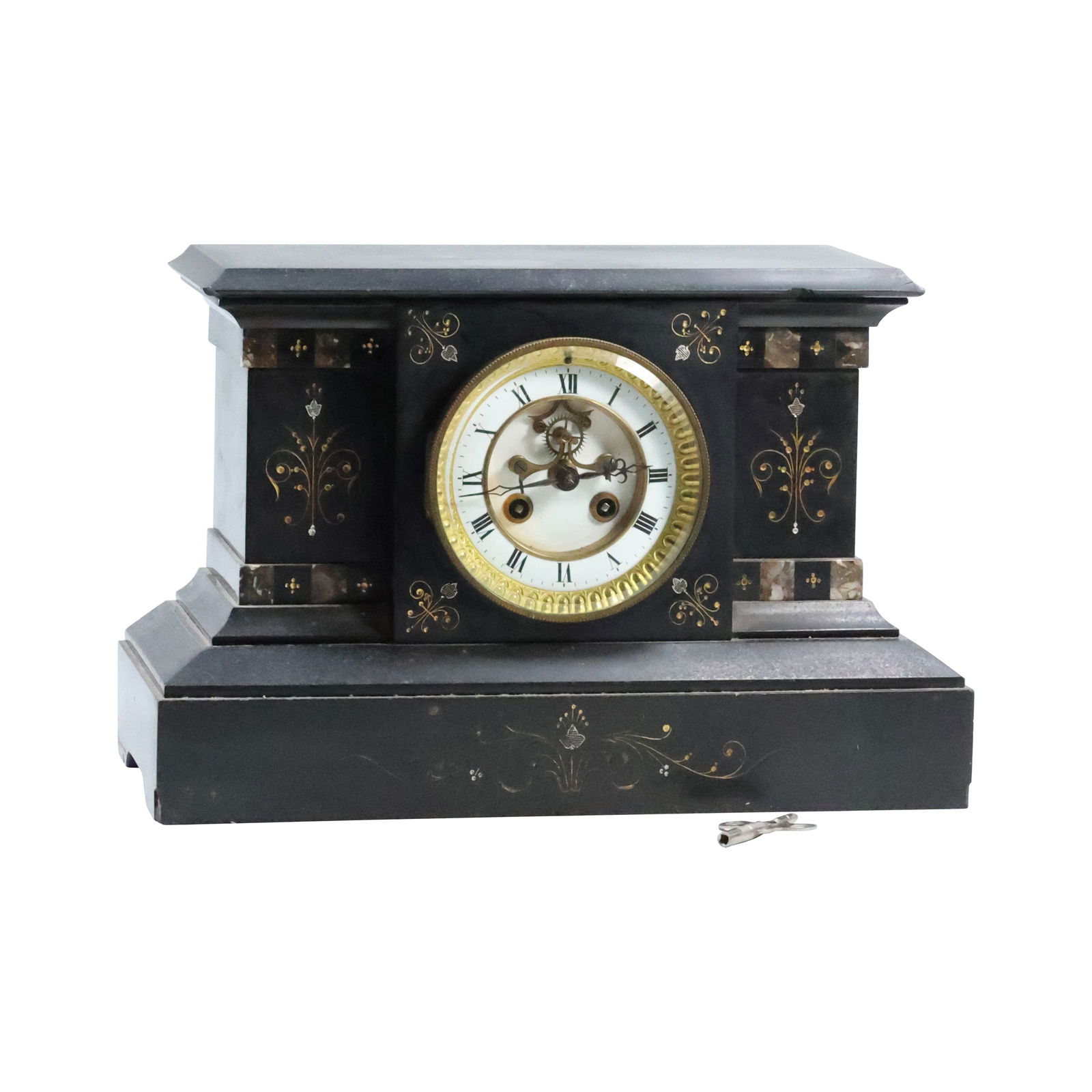 19th C. VINCENT & CIE 1855 Black Marble Mantle Clock with Incised Decoration, Open Escapement (1 of 20)