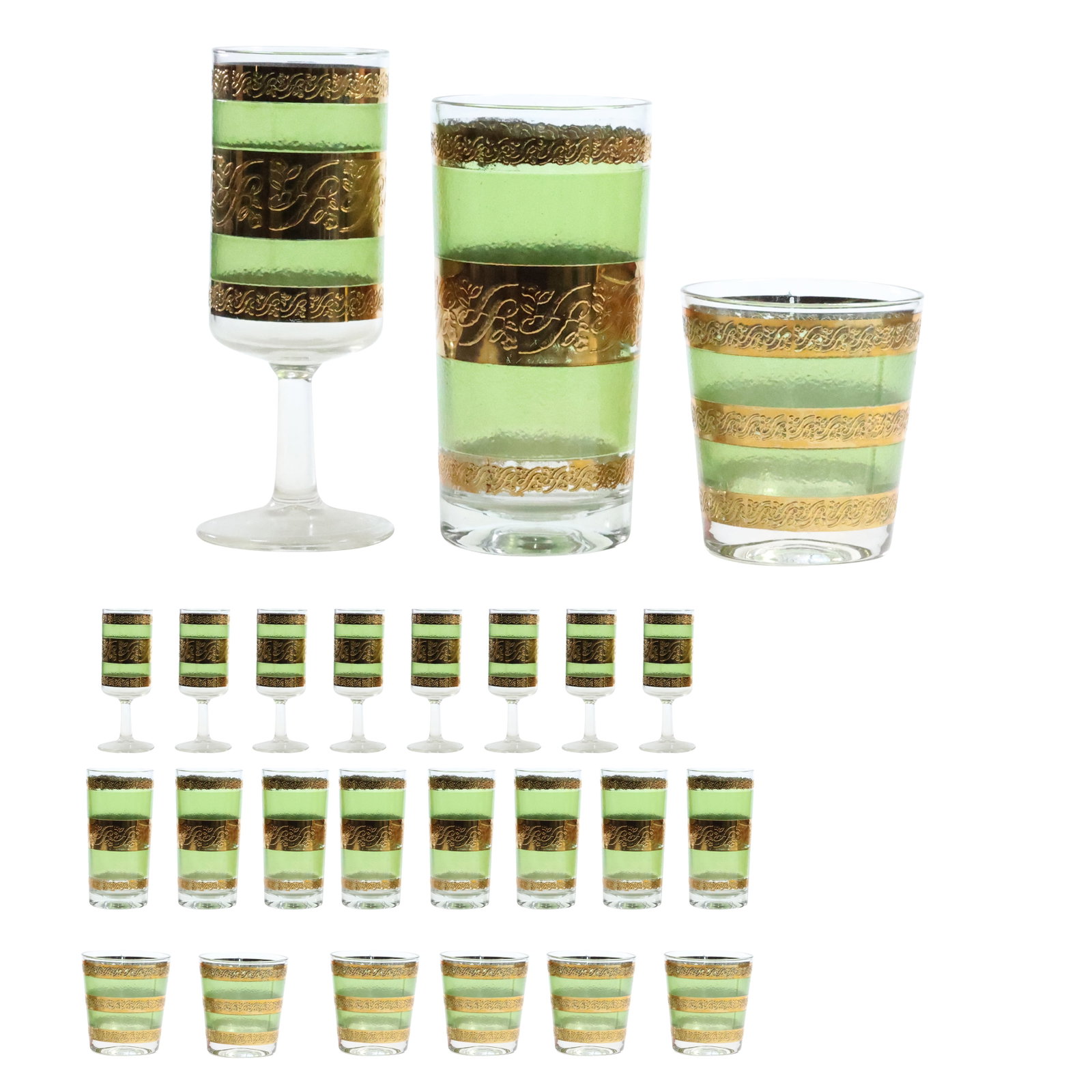 21 Vintage 1960s Culver Starlyte Green & 22K Gold Cocktail Glasses in 3 Sizes 8 in., 7 in., 6 in.: 21 Vintage 1960s Culver Starlyte Green & 22K Gold Cocktail Glasses in 3 Sizes 8 in., 7 in., 6 in. size: 8x (3.25 x 3), 7x (5.75 x 2.75), 6x (6.25 x 2.25)