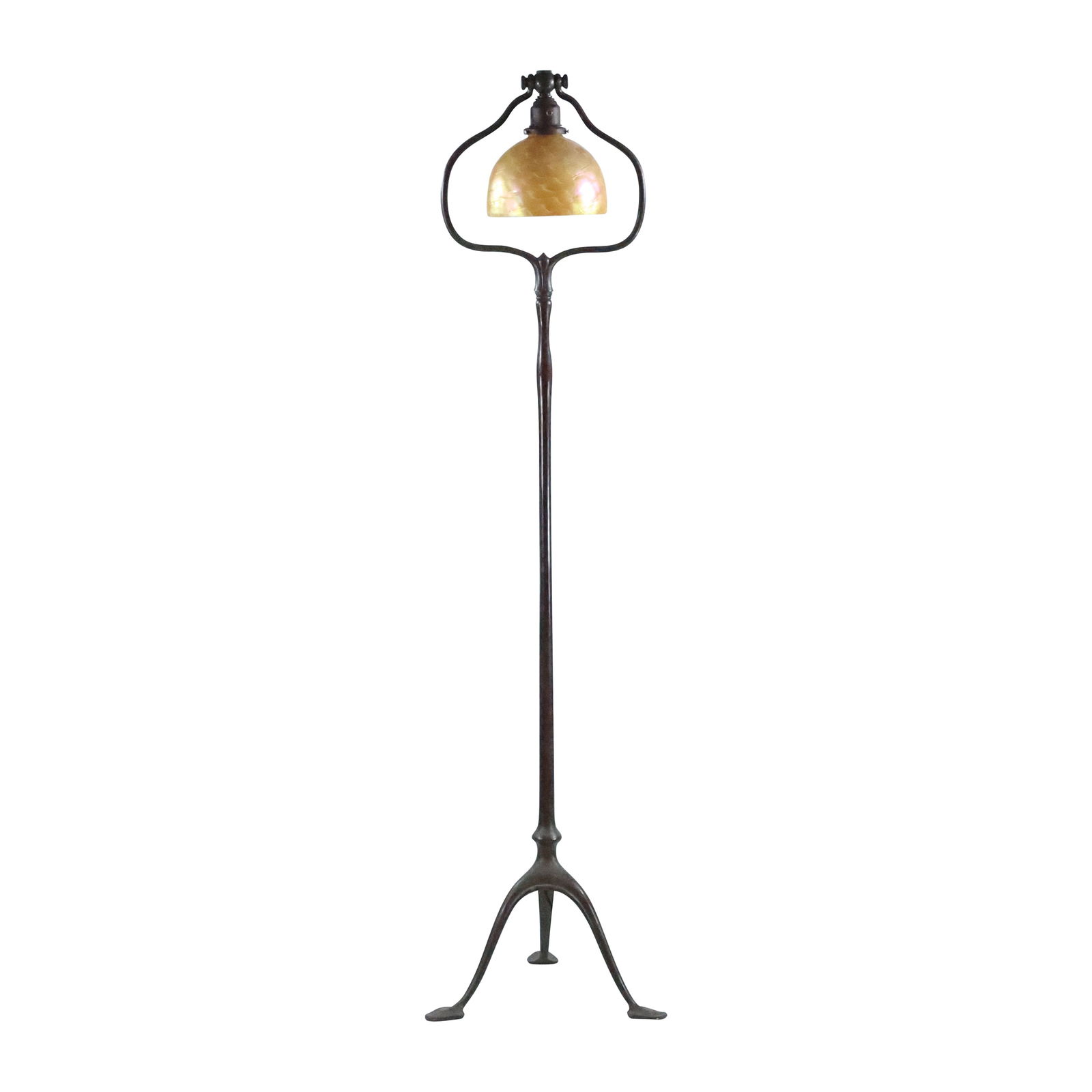 TIFFANY STUDIOS NEW YORK Harp Floor Lamp #423 with Marigold Art Glass Shade [replaced]: TIFFANY STUDIOS NEW YORK Harp Floor Lamp #423 with Marigold Art Glass Shade [replaced]. size: 55.5 in. x 12 in. x 14 in.