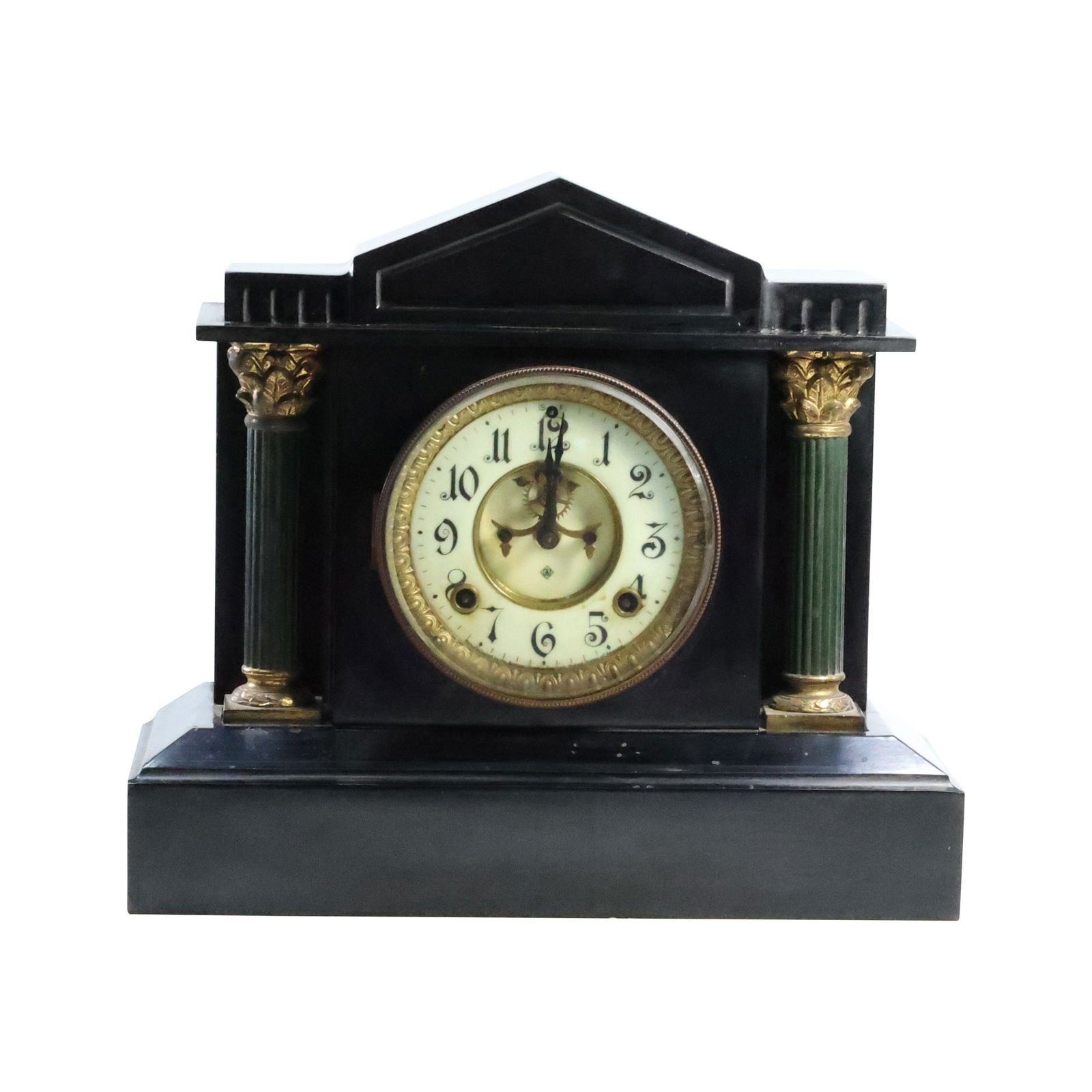 ANSONIA Black Iron Case Mantle Clock, Open Escapement, Column Sides. 12.25 in. h. x 14 in. w. (1 of 20)