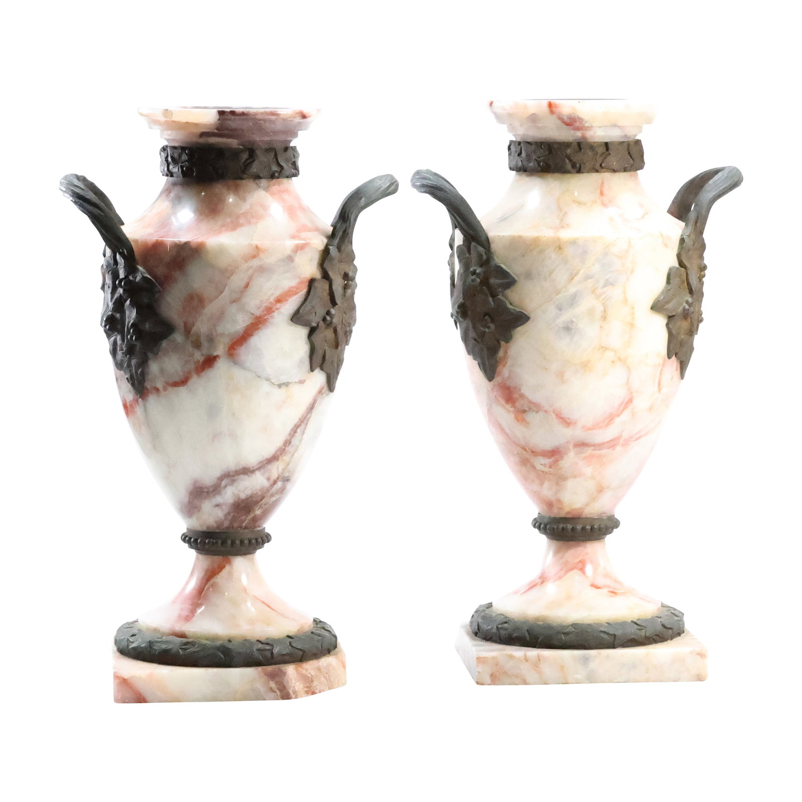 Pair Matching 19th C. French Marble and Bronze Urns 12.5 in. height x 7.5 in.: Pair Matching 19th C. French Marble and Bronze Urns 12.5 in. height x 7.5 in. size: 12.5 x 7.5 x 5 - damaged side line See Pictures