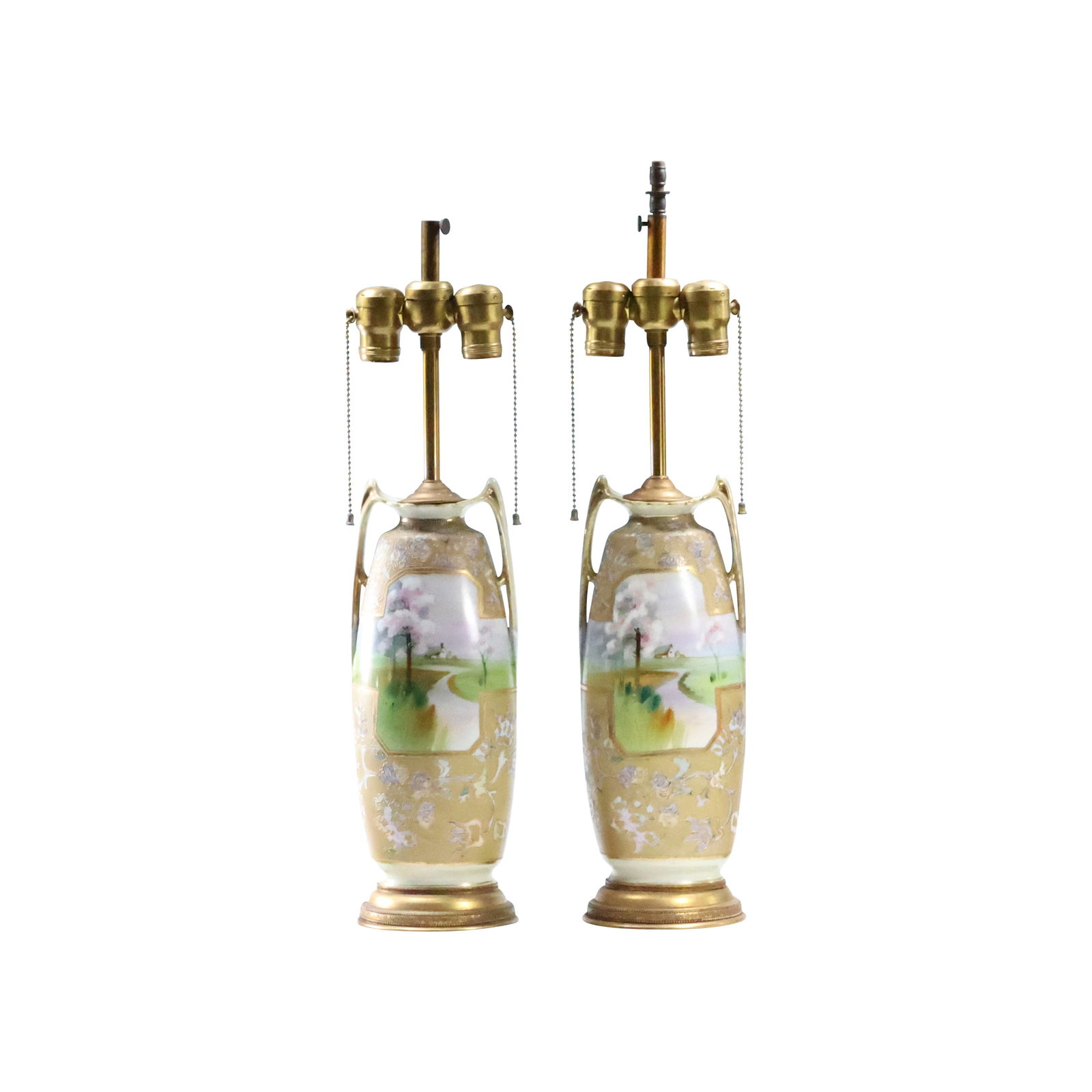 Matched Pair NIPPON Fine Porcelain Urn Table Lamps, Gold Accents, Landscape Panel 23.23 in. h. (1 of 20)