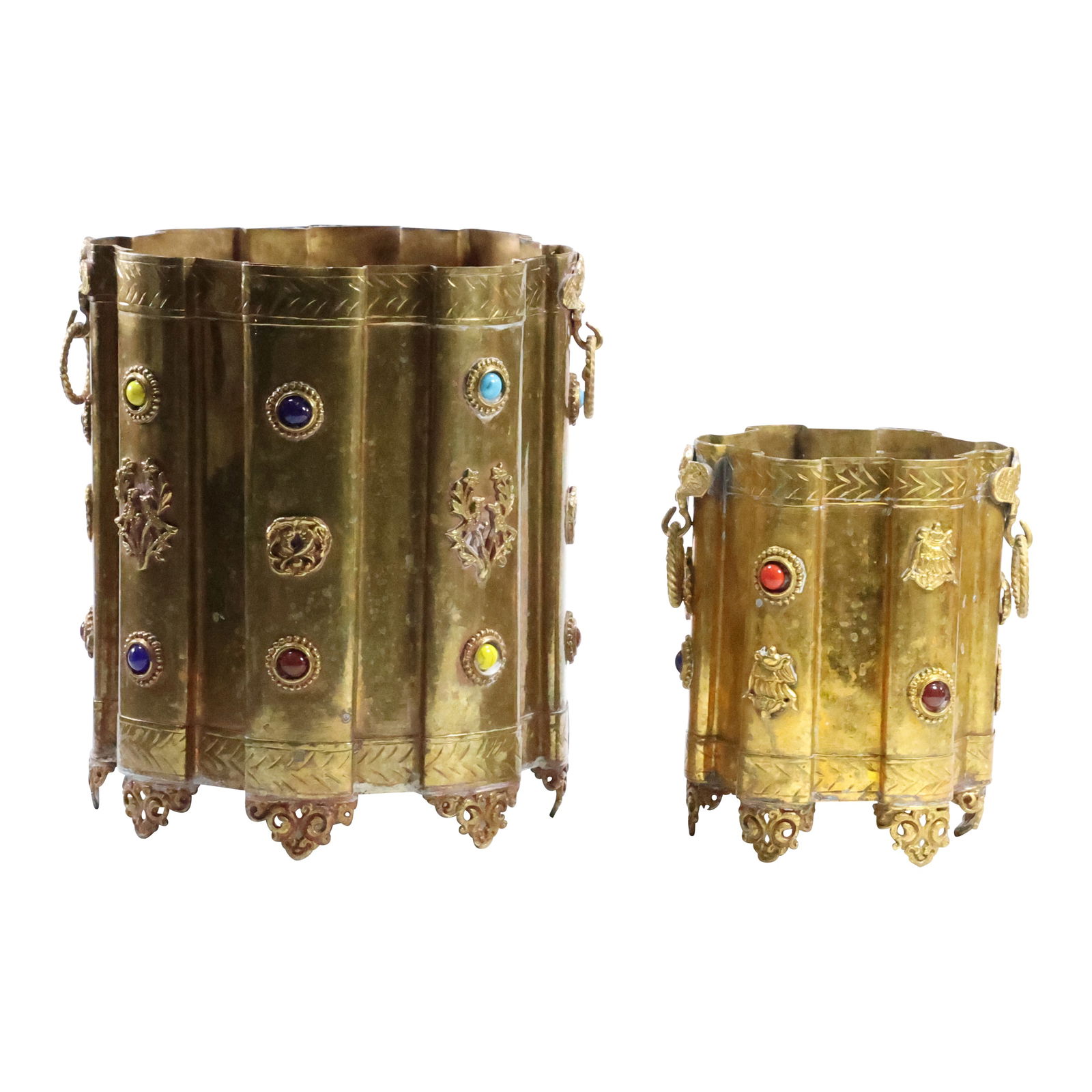 [2] Tibetan Brass Planter, Gold Finish with Colored Glass Jewels 6 in. x 8.5 in. heights (1 of 20)