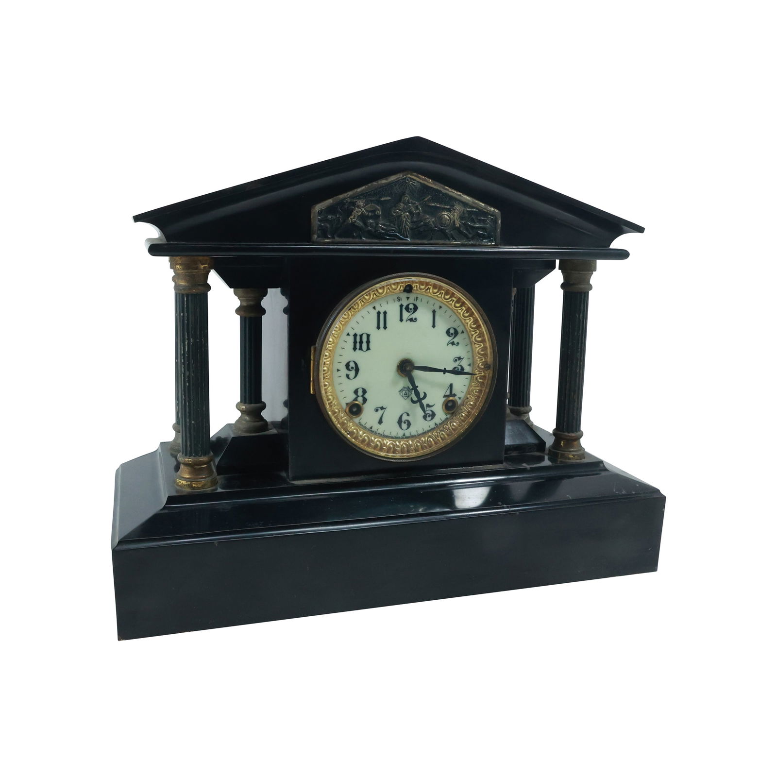 ANSONIA Antique Black Marble, Bronze Plaque, Column Sides Mantle Clock 12.25 in. h. x 15.25 in. w. (1 of 20)