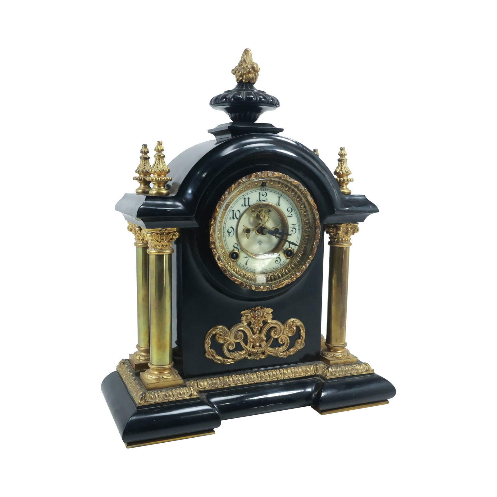 ANSONIA Quality Black Marble and Brass Ormolu, Brass Columns, Brass Finial Top Mantle Clock (1 of 20)