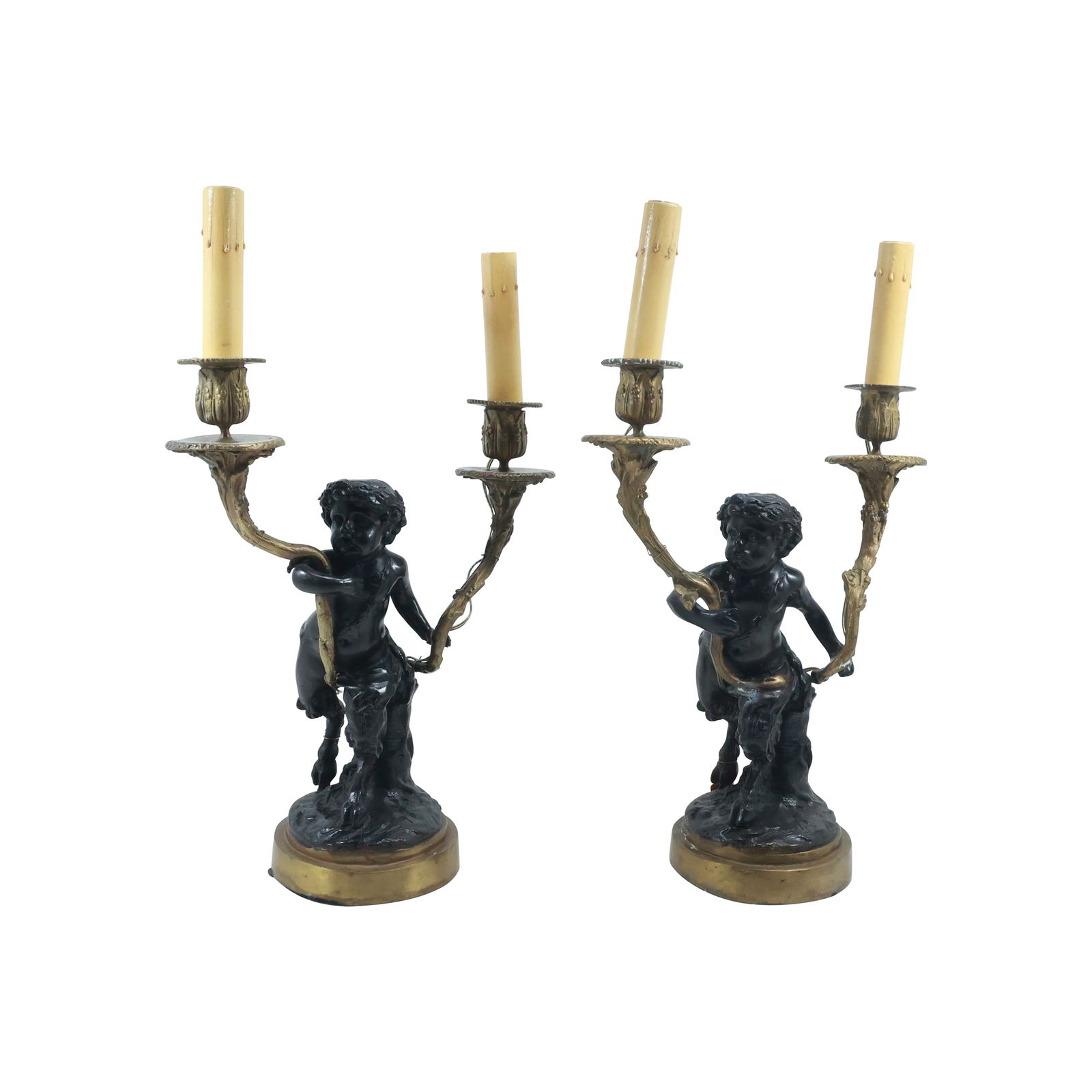 Matched Pair 19th C. French 2-Tone Bronze Cherub Figural Candlestick Lamps, Electrified 17.75 in. h. (1 of 20)