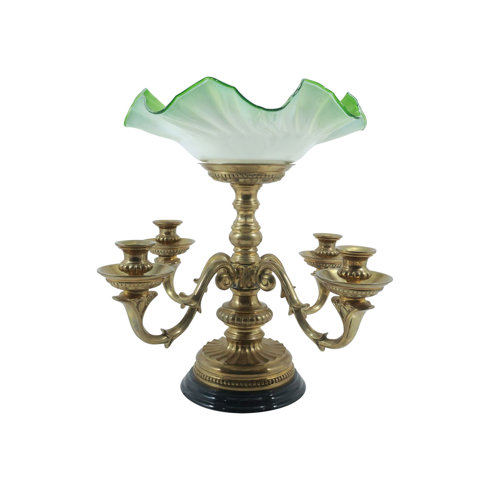 19th C. French Bronze Candelabra, 4 arm lights with Center Green Cased Glass Bowl 12 in. x 12.5 in. (1 of 20)
