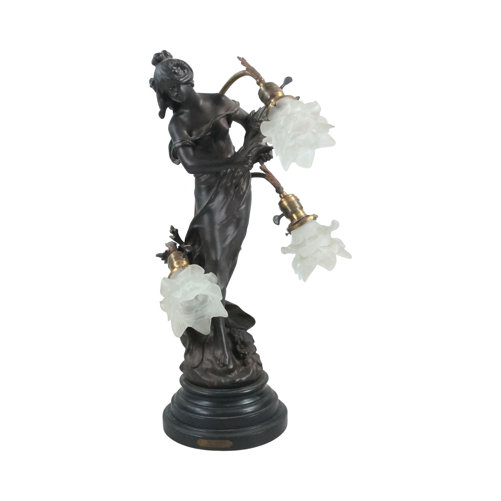 after Auguste Moreau, Art Nouveau Cast Metal Spelter Woman Figural Newel Post Lamp 3-Lights (1 of 20)