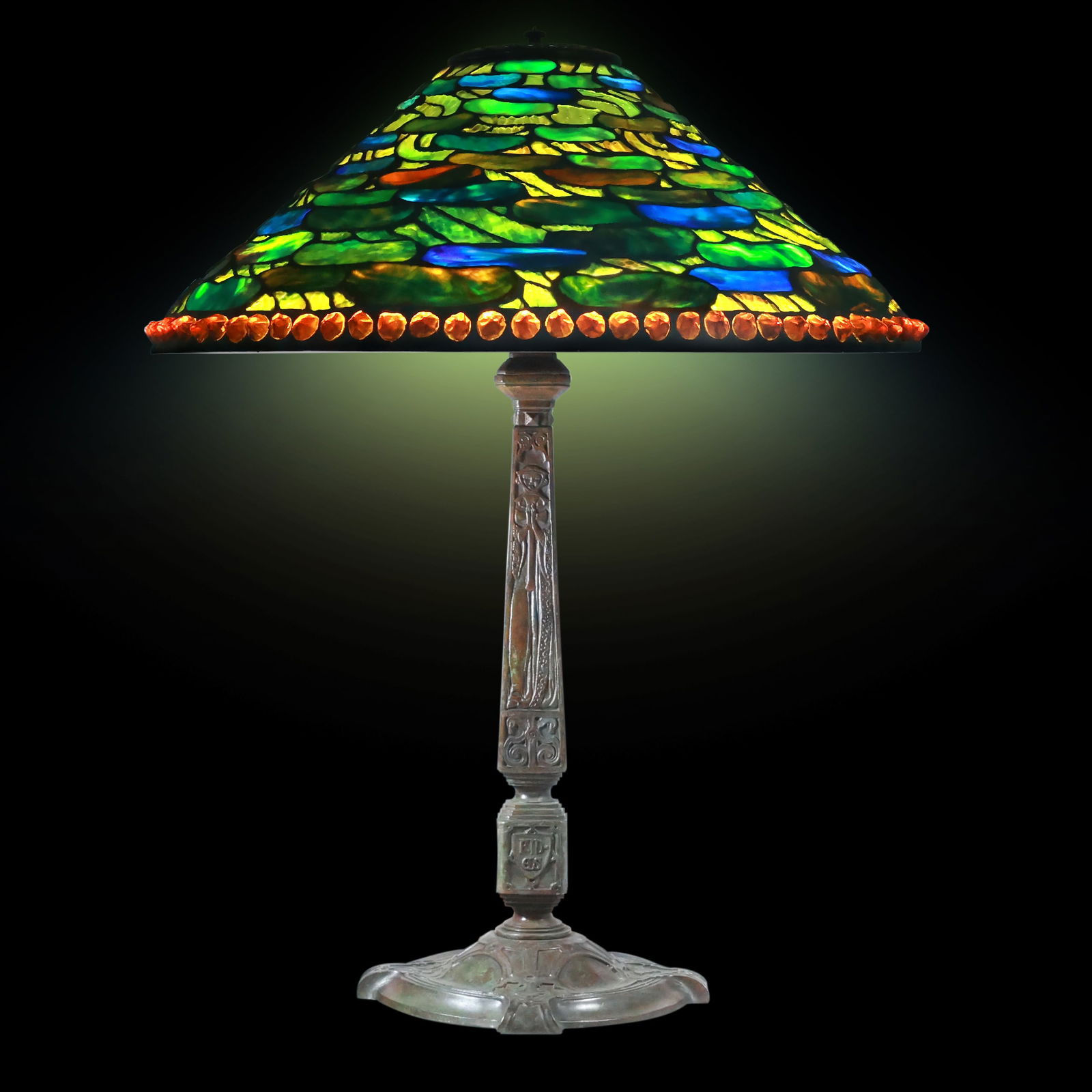 TIFFANY STUDIOS NEW YORK "Lily Pads" Leaded Table Lamp with RARE #557 Figures Base (1 of 20)