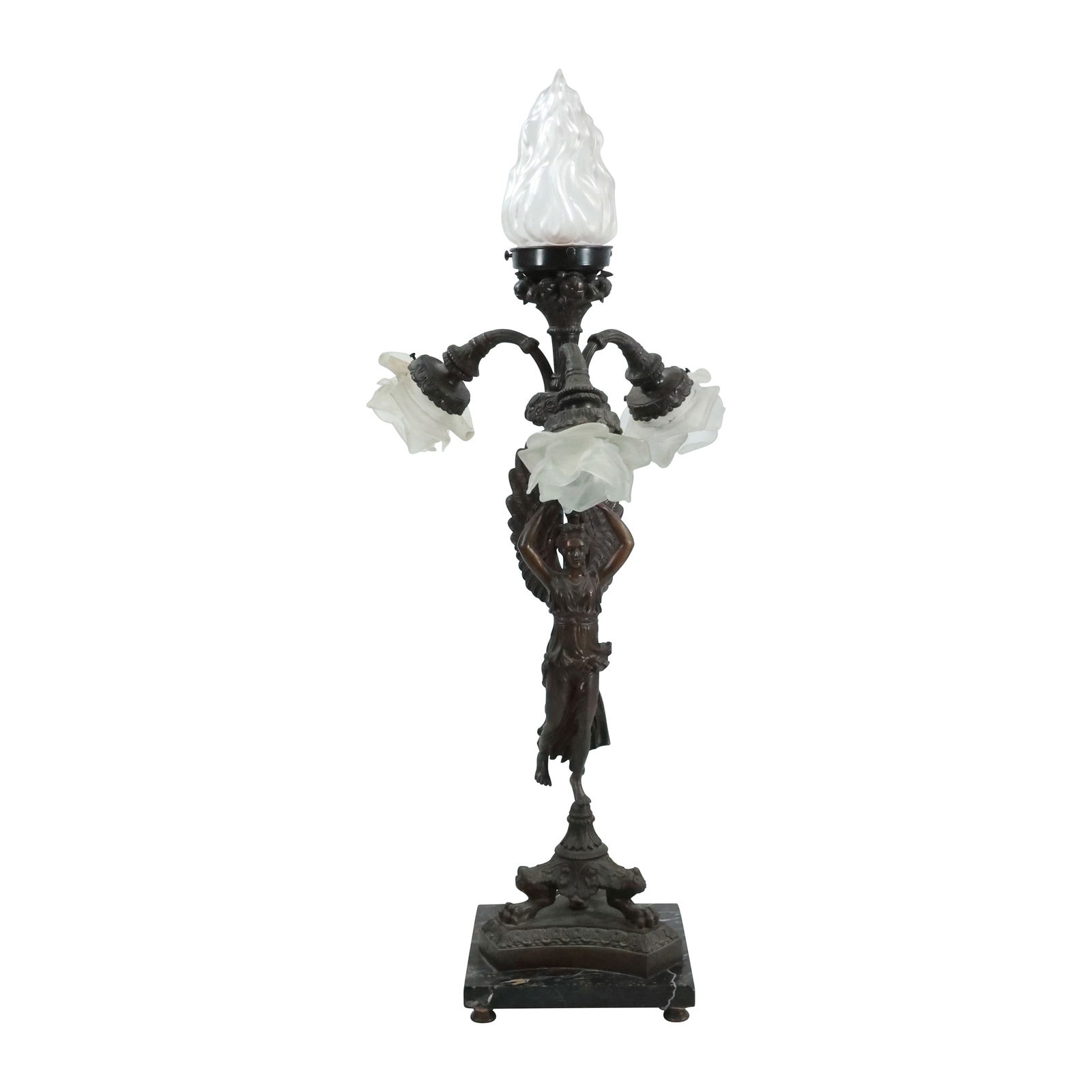 19th C. Bronze Classical Woman Figure 4-Light Newel Post Lamp, Electrified, 33 inches height (1 of 20)