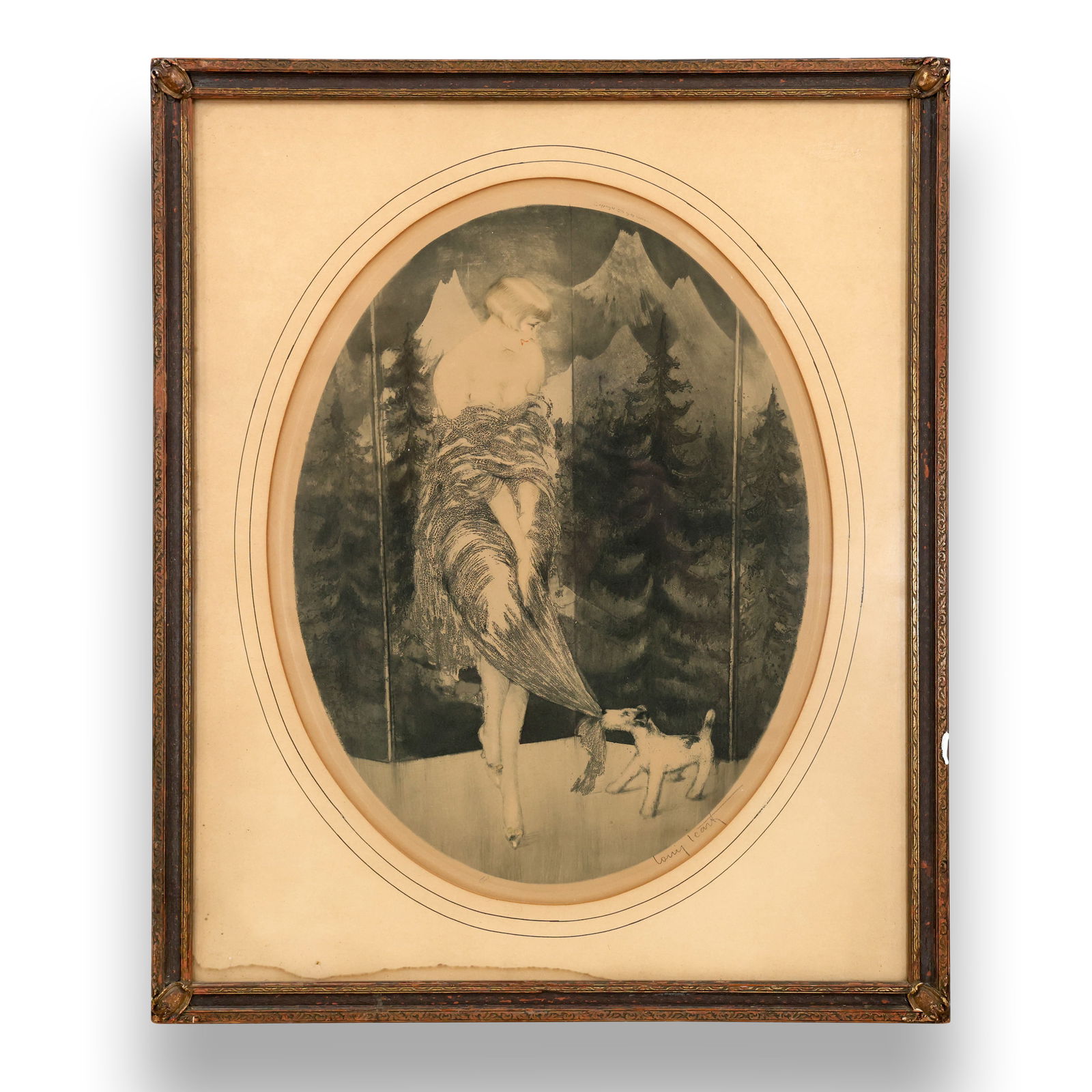 Louis Icart 'Dog Bite' 1926 Art Deco Hand-Signed Etching – Vintage French Nude with Dog: This exquisite hand-signed etching, titled "Dog Bite," created by the renowned French artist Louis Icart in 1926, captures a timeless moment steeped in both elegance and tension. Set against the backd