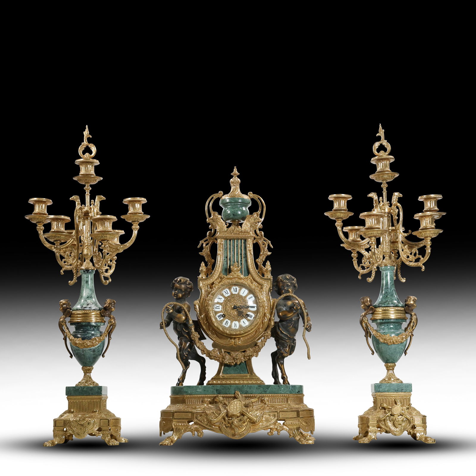 Imperial Franz Hermle Brevettato Louis XV Green Marble Garniture Set - Clock and Candelabra Set (1 of 20)