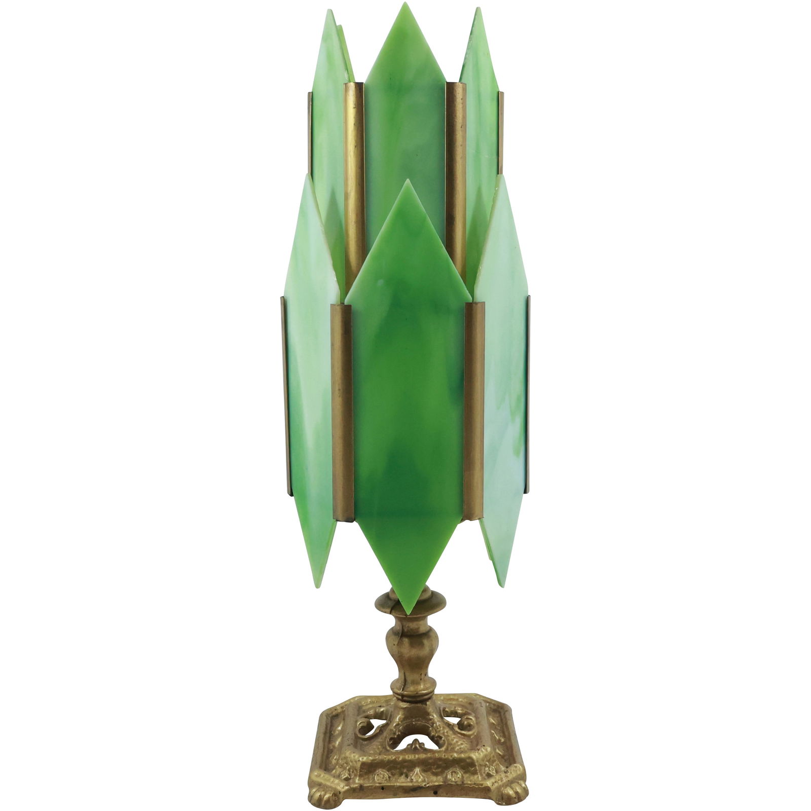 Circa 1920s Art Deco Skyscraper Table Lamp with Green Slag Glass Panels 19 in. height (1 of 19)