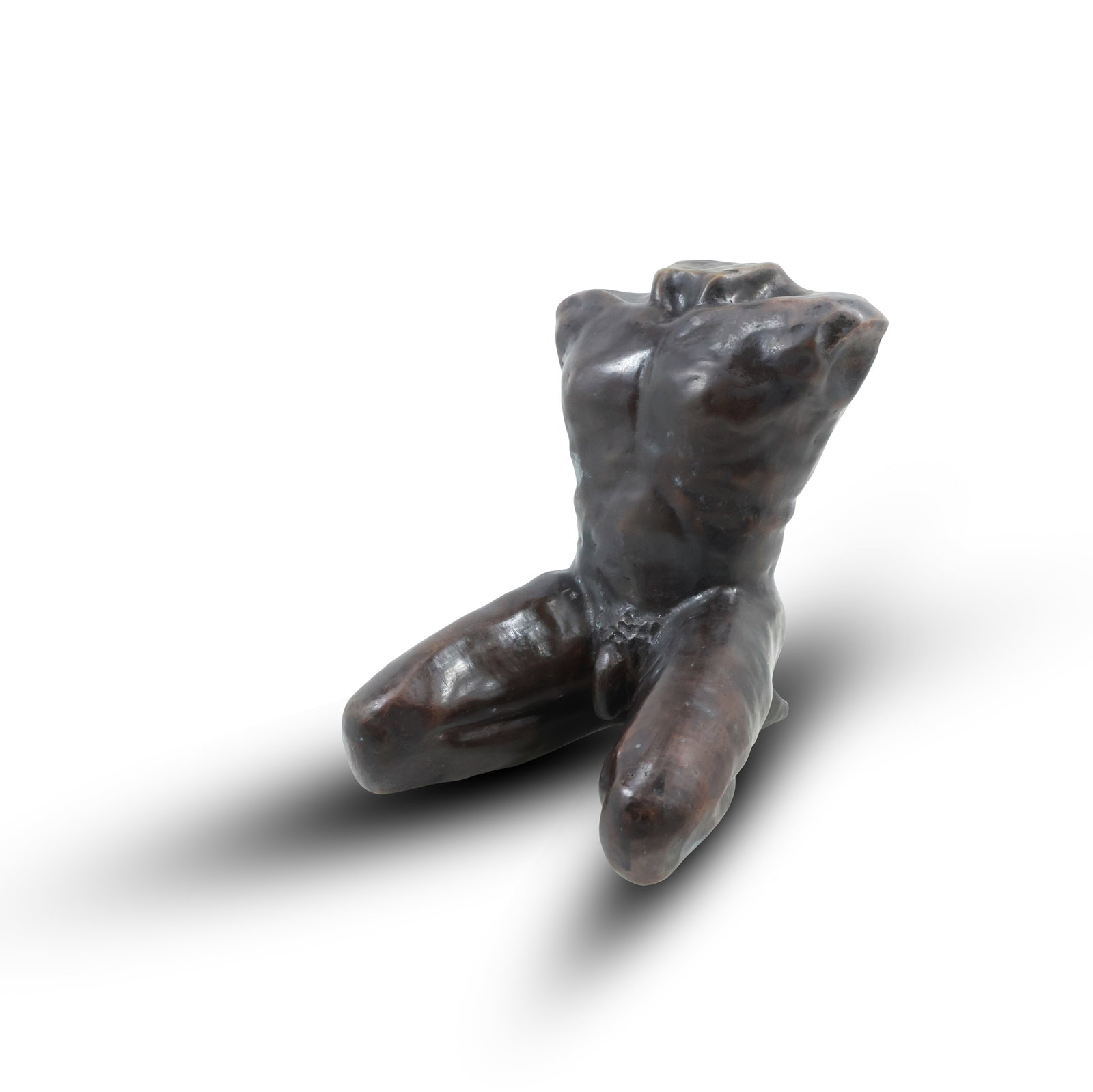 Maria Olga Garcia-Huidobro (1951, Chilean) Postmodern Bronze Abstract Sculpture of a Male Nude Torso: This compelling bronze figure by renowned Chilean artist Maria Olga Garcia-Huidobro is an evocative representation of the male form, abstracted to its essential elements in a postmodern style. The art