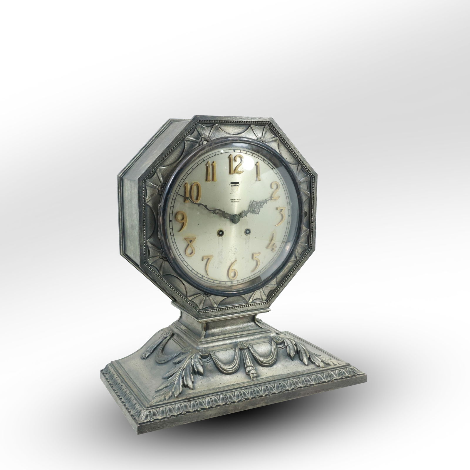 TIFFANY & CO NEW YORK Bronze Art Deco Chelsea Mantle Clock Silver Tone Patina 14.24 in. height (1 of 19)