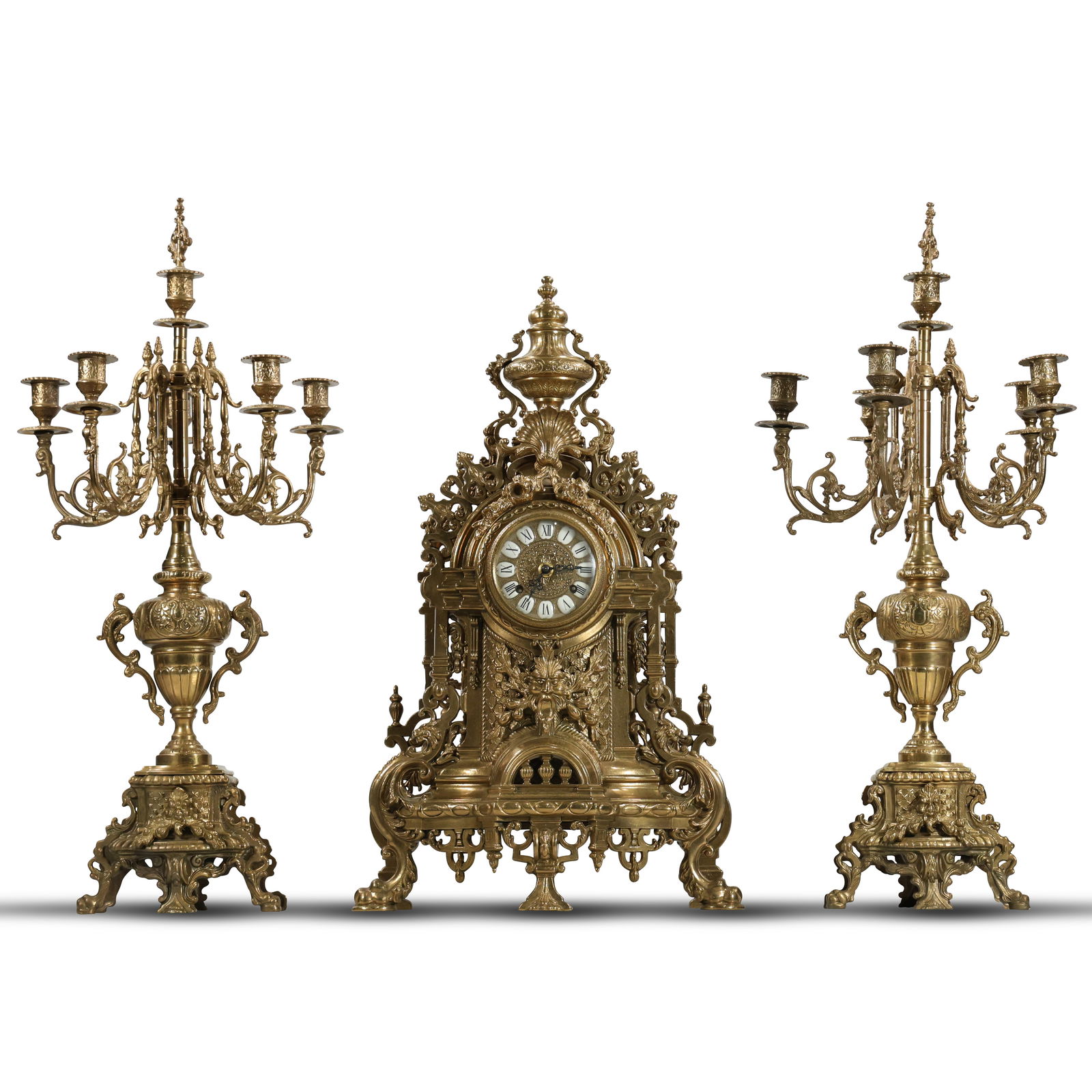 3pc Mantle Italian Imperial Franz Hermle FHS Clock and Candelabras Louis XIV: This exquisite Louis XIV-style clock and candelabra set is the epitome of vintage luxury and European antique design. The Franz Hermle mantel clock is a masterful work of German craftsmanship, featuri