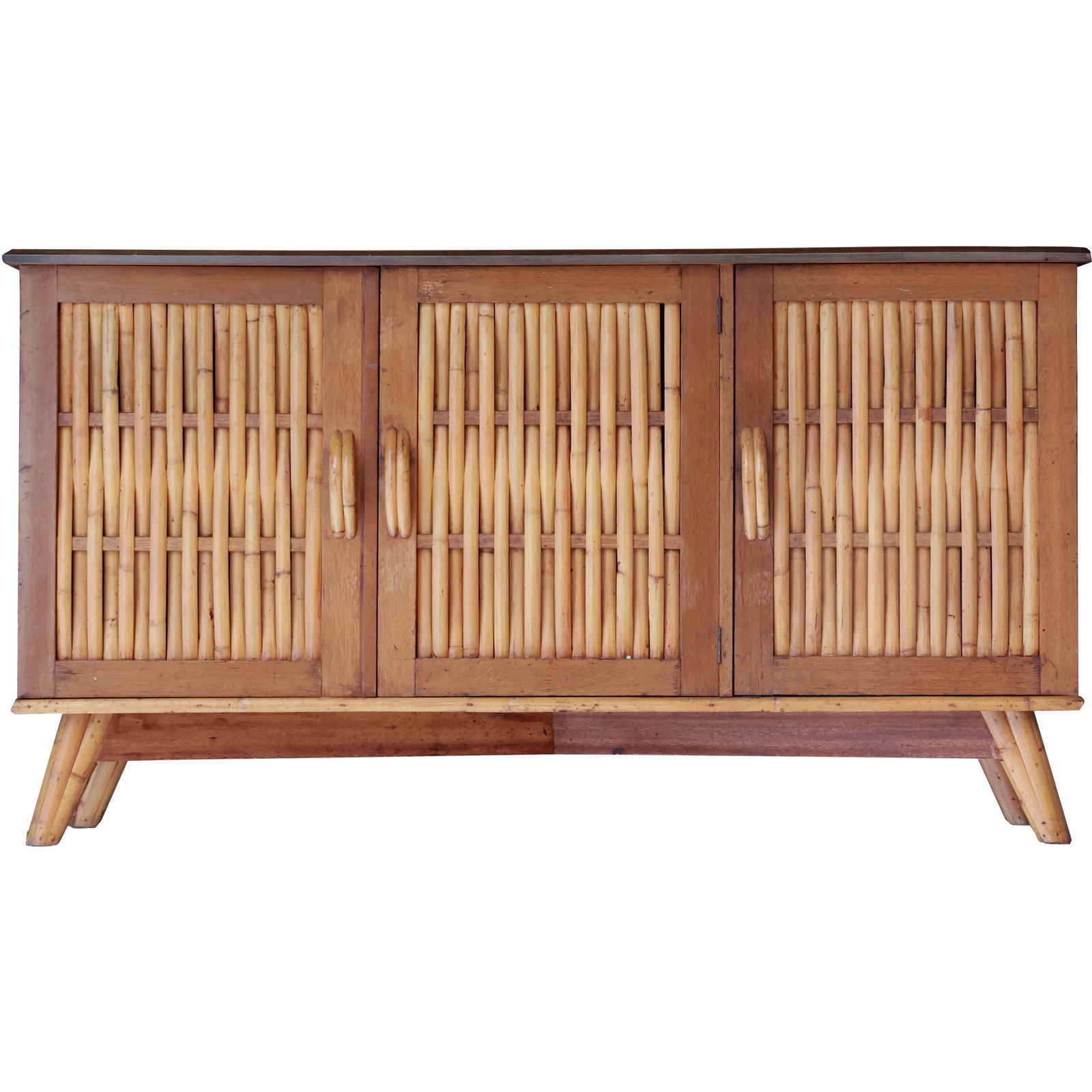 Paul Frankl Style Rattan & Mahogany Side Credenza Sideboard (1 of 14)