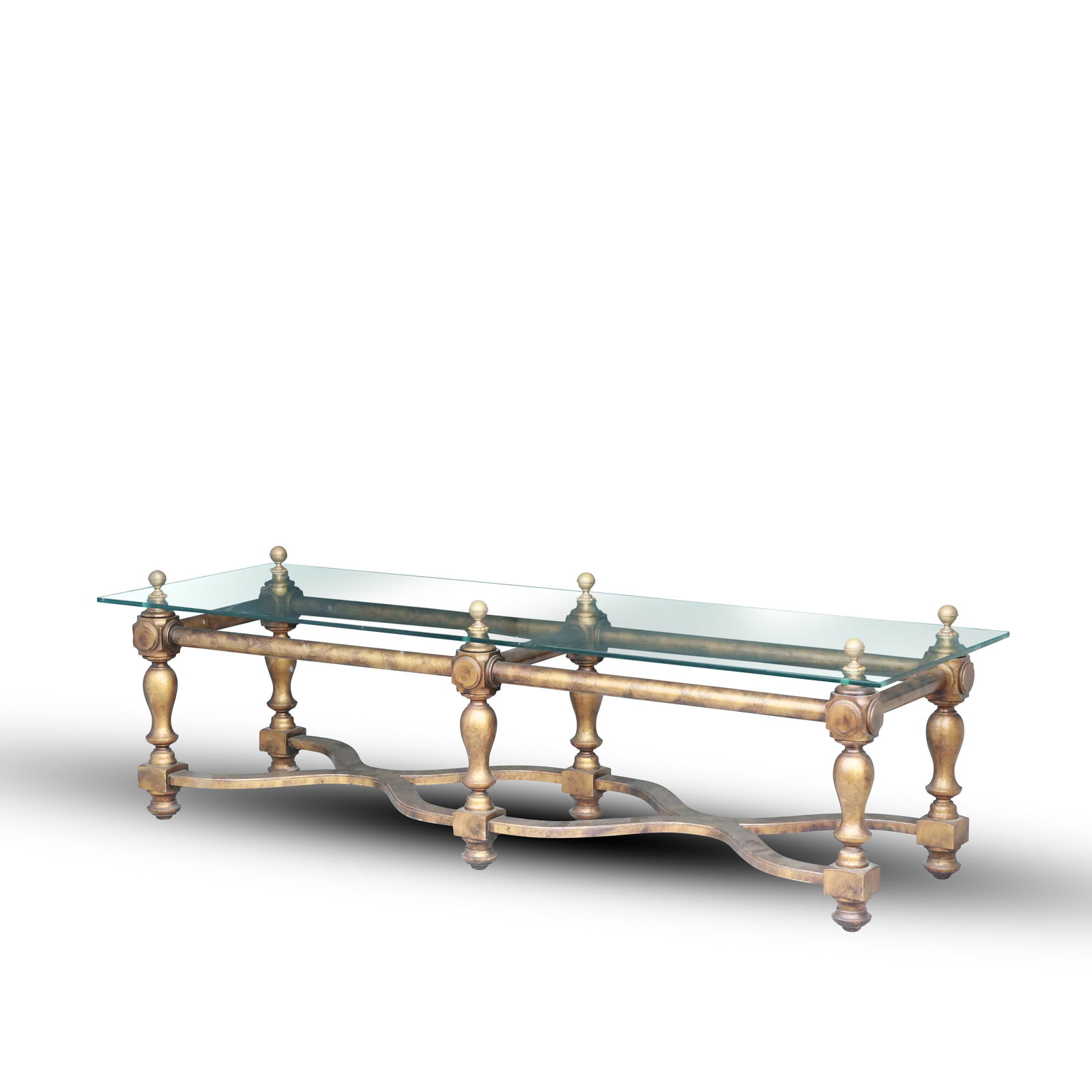HOLLYWOOD REGENCY Long glass top coffee table with double "x" stretcher base (1 of 13)