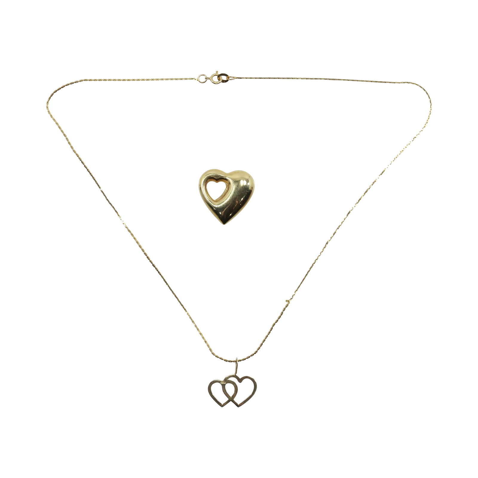 14K Gold Double Heart Necklace on 14K Gold Chain and 14K Gold Heart Pendant - WEIGHS 2.92 dwt: This elegant set features a 14K gold double heart necklace and a matching heart pendant, both marked "Italy," indicating their high-quality craftsmanship and origin. These pieces are perfect for addin