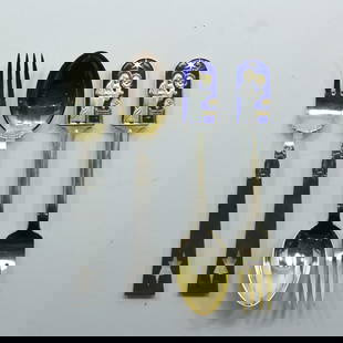 1934 A. Michelsen Sterling Silver Vermeil Christmas Spoon & Fork Set, 184 grams: This exquisite 1934 Fork and Spoon Set by Olaf Stæhr-Nielsen, signed O.St.N., was created for A. Michelsen, renowned for their sterling silver and enamel Christmas collections. This set, part of the