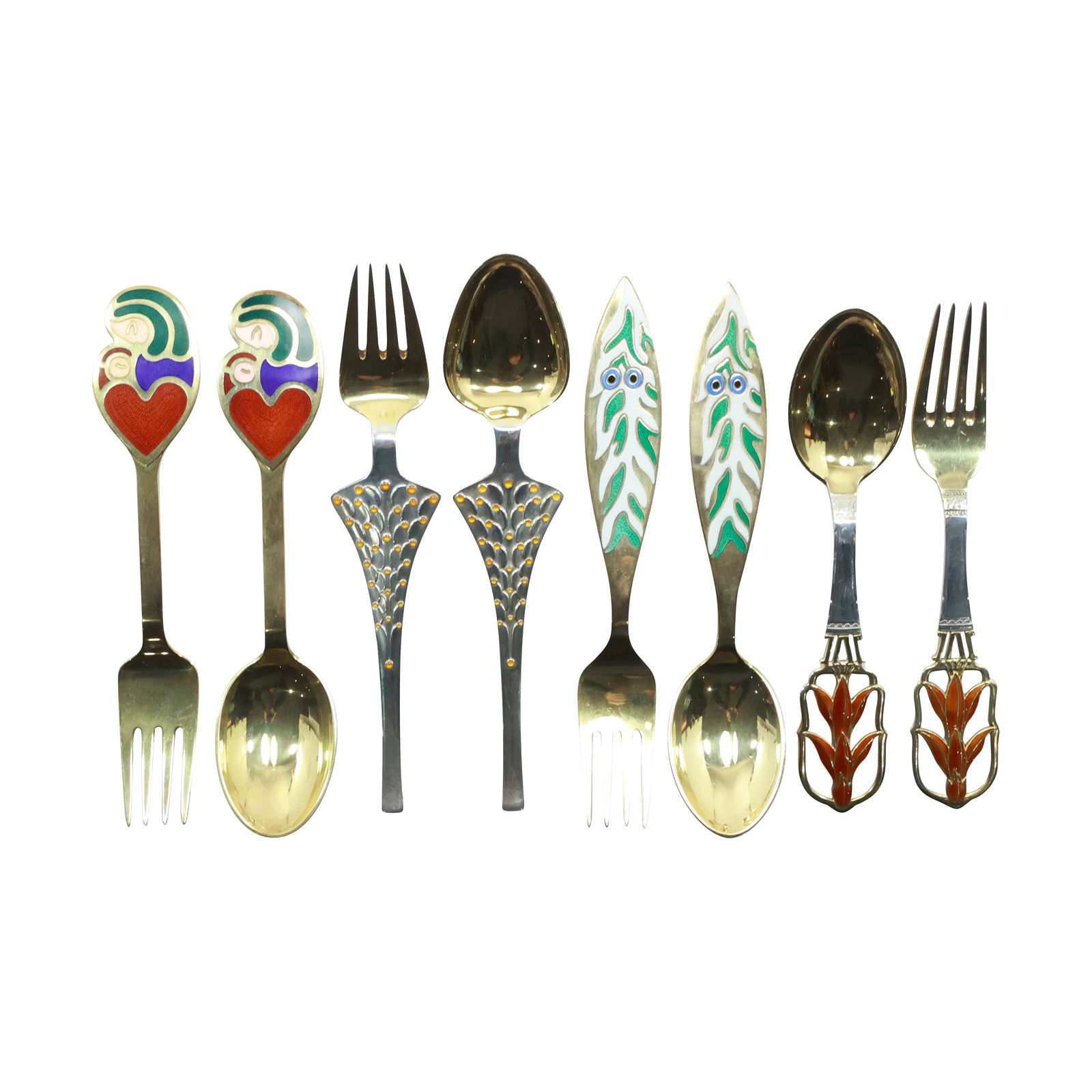 [8] 1928 / 1965 / 1968 / 1970 Anton Michelsen Sterling Enamel Spoon& Fork Sets - Denmark 349 grams: [8] 1928 / 1965 / 1968 / 1970 Anton Michelsen Sterling Enamel Spoon& Fork Sets - Denmark 349 grams size: length ranges from 6.125 to 6.625
