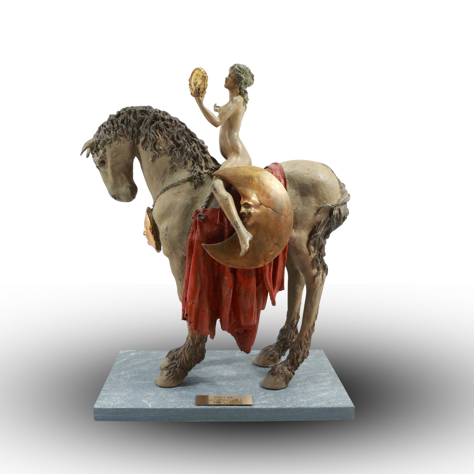 Frits Troelstra [b. 1946] "Psyche" Bronze Polychrome Sculpture Nude Woman on Horseback: Frits Troelstra [b. 1946] "Psyche" Bronze Polychrome Sculpture Nude Woman on Horseback. size: 19x13.75x7.75