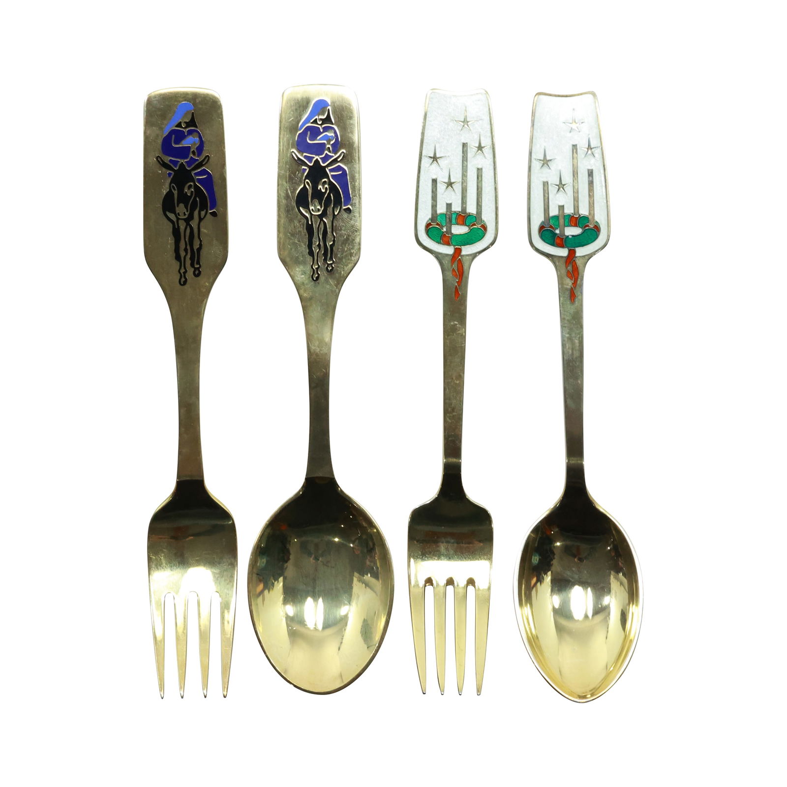 [4] 1949 / 1966 Anton Michelsen Sterling Enamel Spoon& Fork Sets - Denmark 176 grams: size: 6.375x1.5 (1966 spoon), 6.375x1 (1966 fork), 6.375x1.375 (1949 spoon), 6.375x1 (1949 fork)