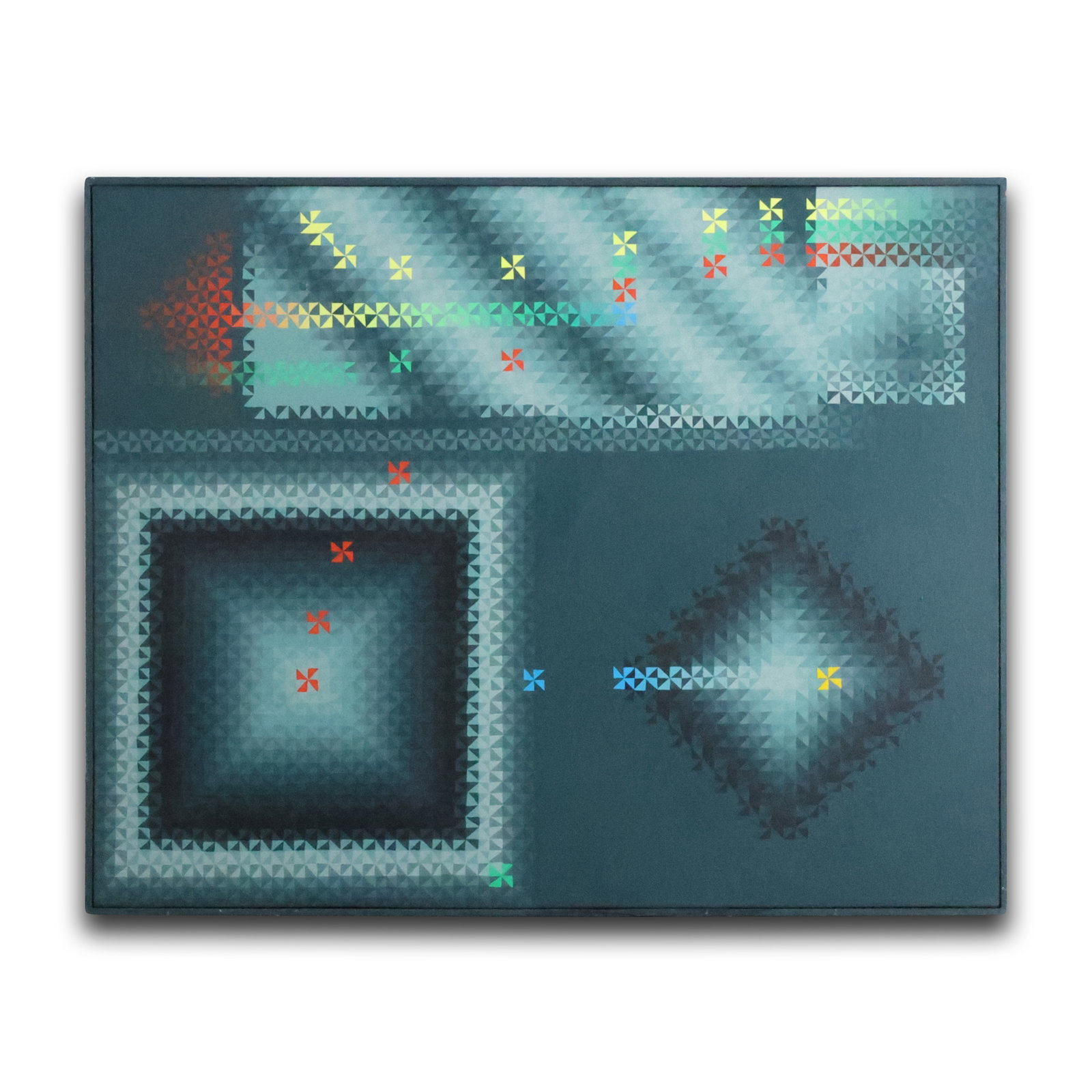 Douglas Peden Modernist Painting: "Counter-Thrust" Opt Art: This striking modernist painting by Douglas Peden, titled "Counter-Thrust," exemplifies the vibrant and dynamic nature of Op Art. Peden, an American artist (1933-2015), is known for his captivating us