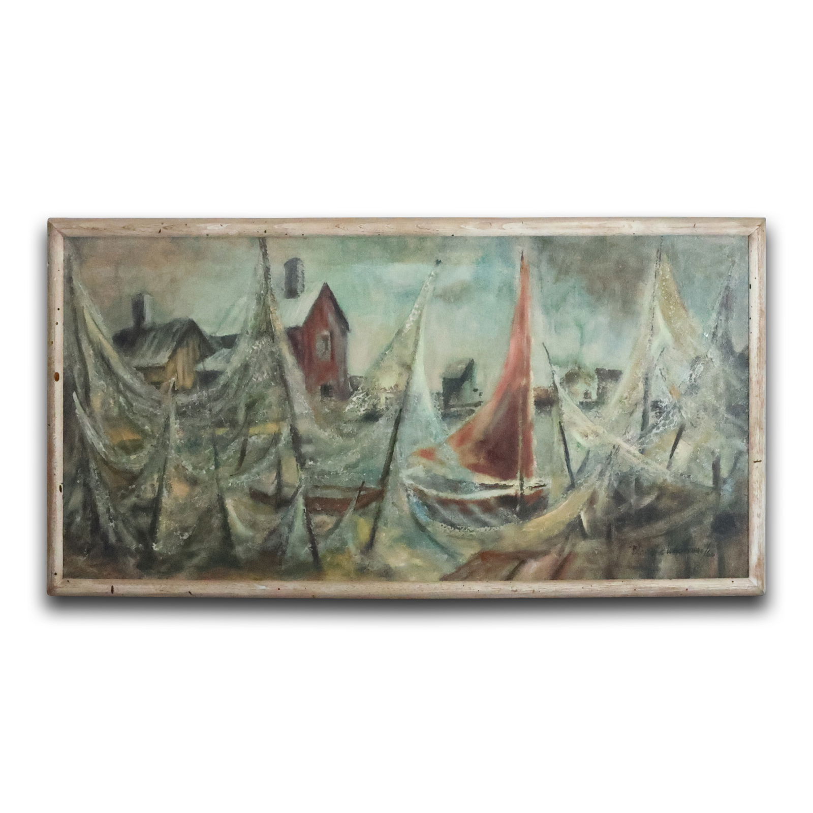 Original Painting by Blanche Henderson: Shippers Dock: This original mid-century modern painting by Blanche Henderson depicts a serene shipper's dock or port scene, capturing the essence of maritime life. Signed by the artist in the lower right and dated