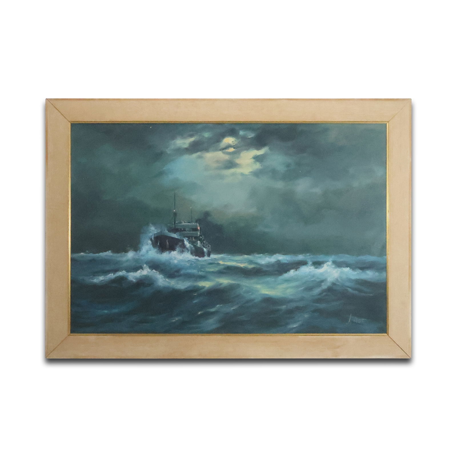 Signed J AST, Fabulous Vintage Oil on Canvas Painting Ocean Liner Ship on Rough Seas, Framed (1 of 14)